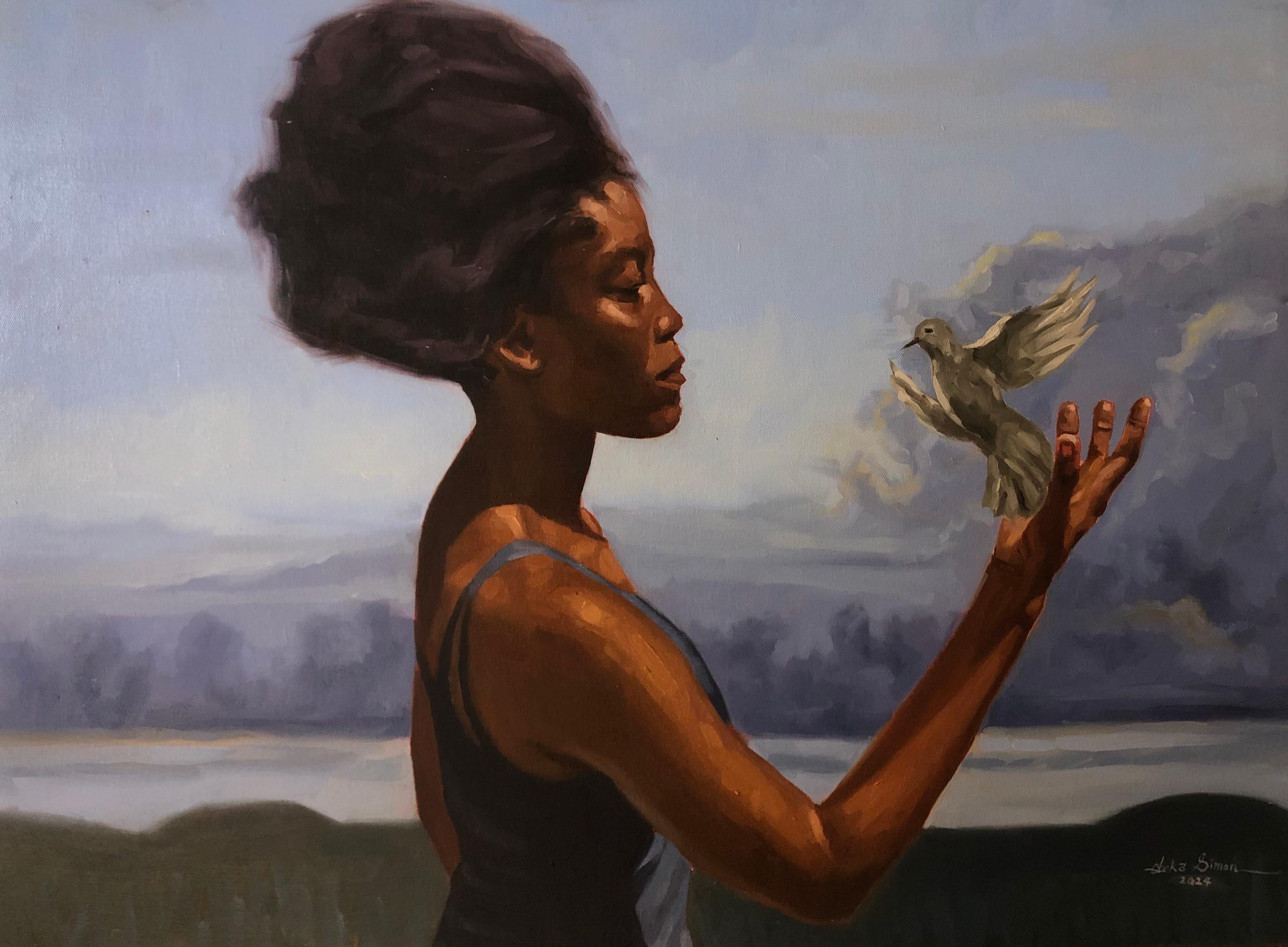 Figurative Painting di Simon Obeka - Sicuramente volerò - 21° secolo, Contemporaneo, Figurativo, Donne, Uccello, Olio