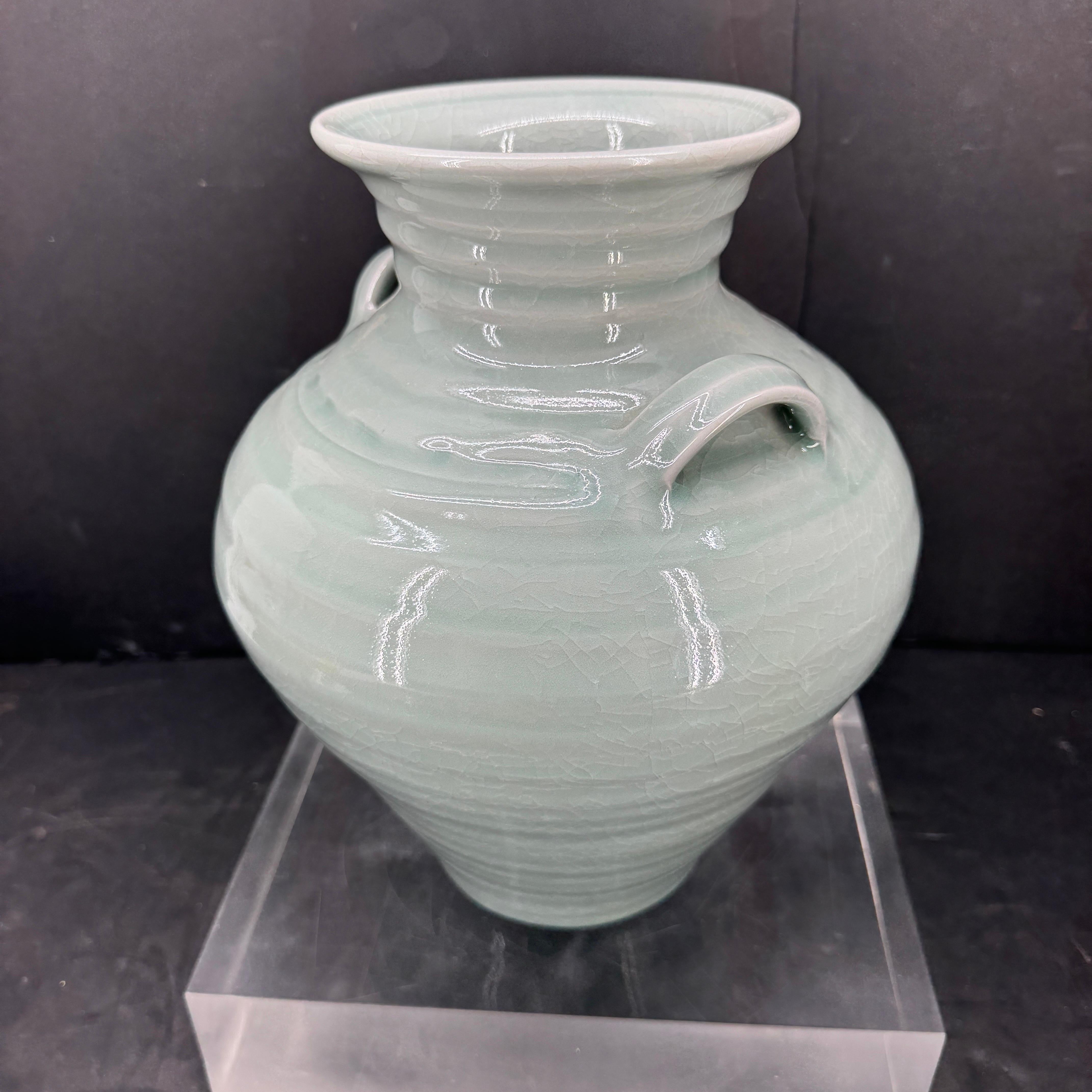 Simon Pearce Modernist Ceramic Vase in Celadon Craqueleur Glaze with Handles 5
