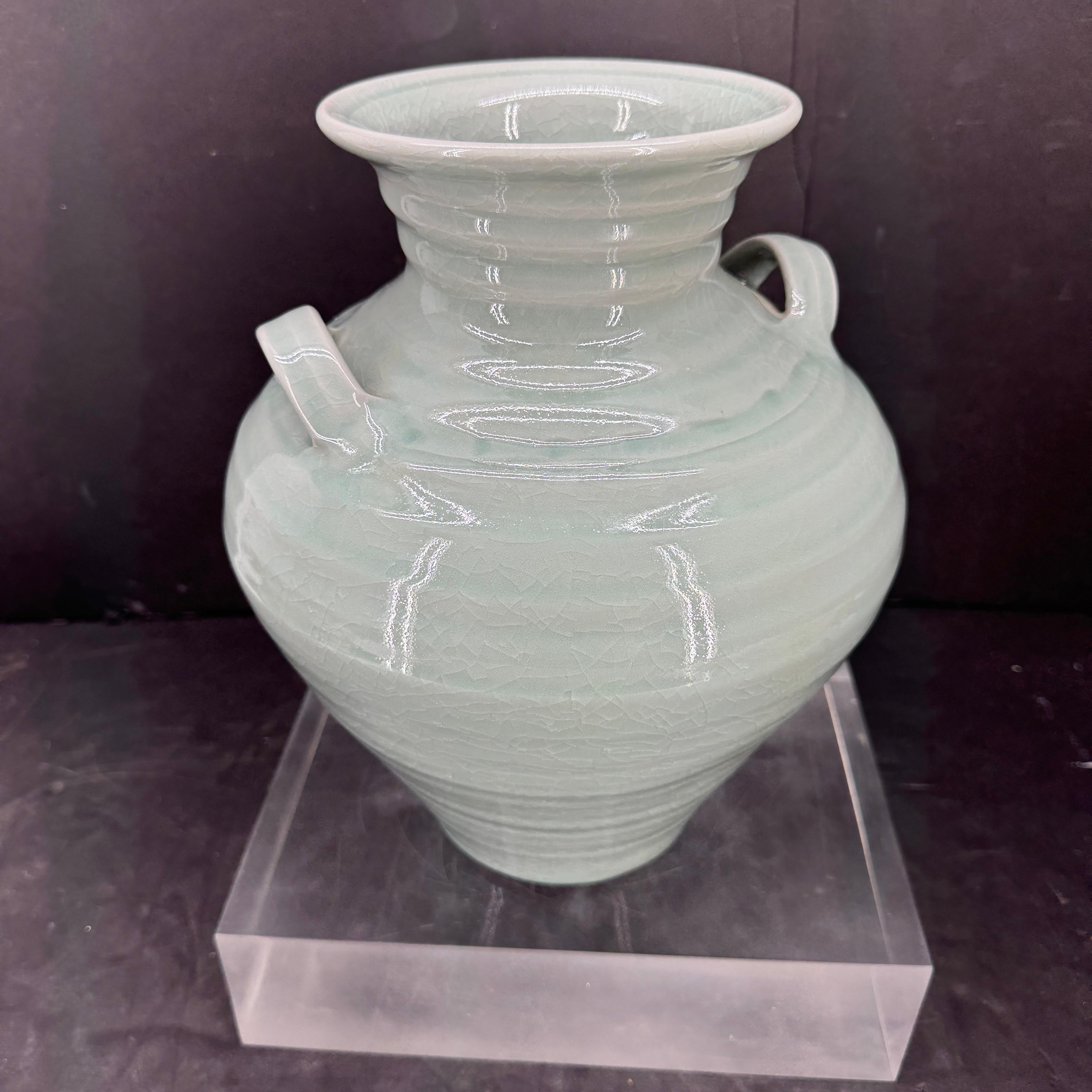Simon Pearce Modernist Ceramic Vase in Celadon Craqueleur Glaze with Handles 7