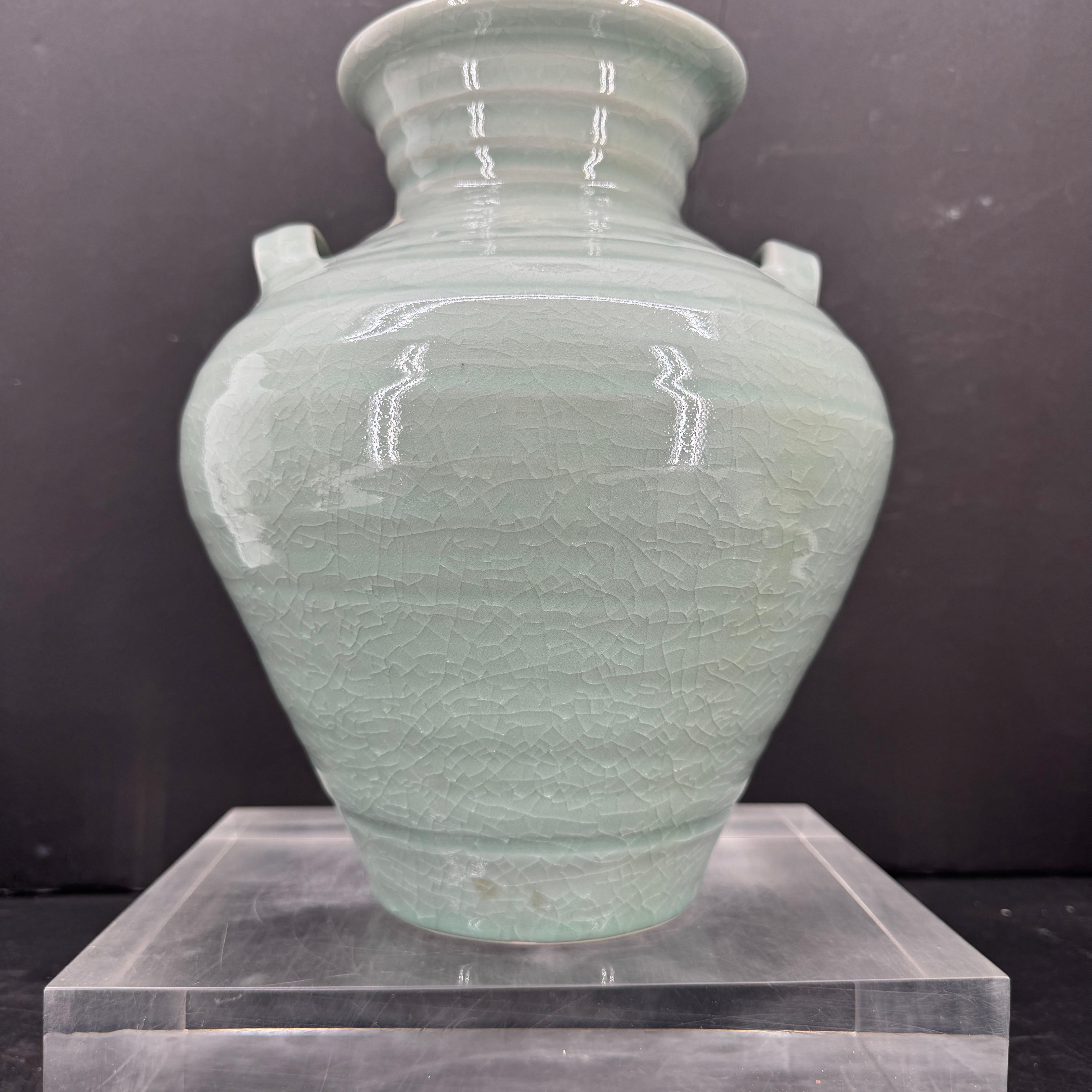 Glazed Simon Pearce Modernist Ceramic Vase in Celadon Craqueleur Glaze with Handles