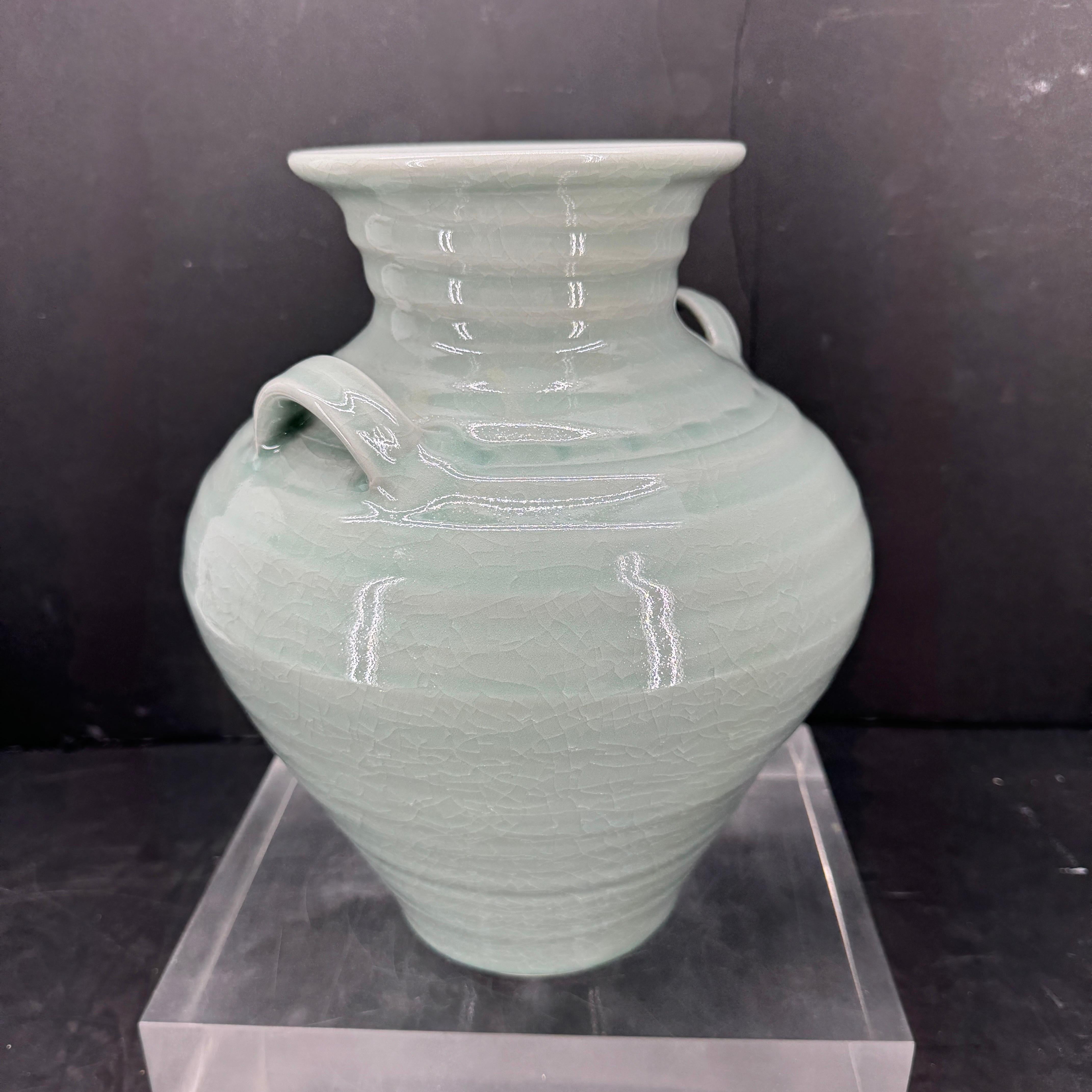 20th Century Simon Pearce Modernist Ceramic Vase in Celadon Craqueleur Glaze with Handles