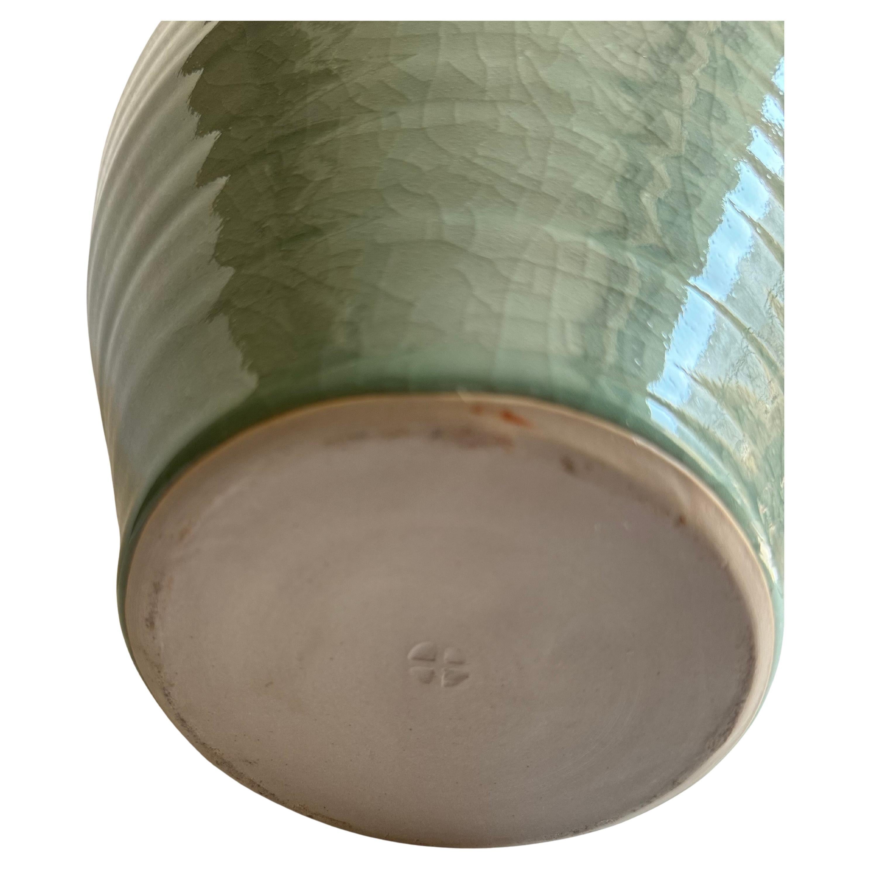 Simon Pearce Modernist Ceramic Vase in Celadon Craqueleur Glaze with Handles 1