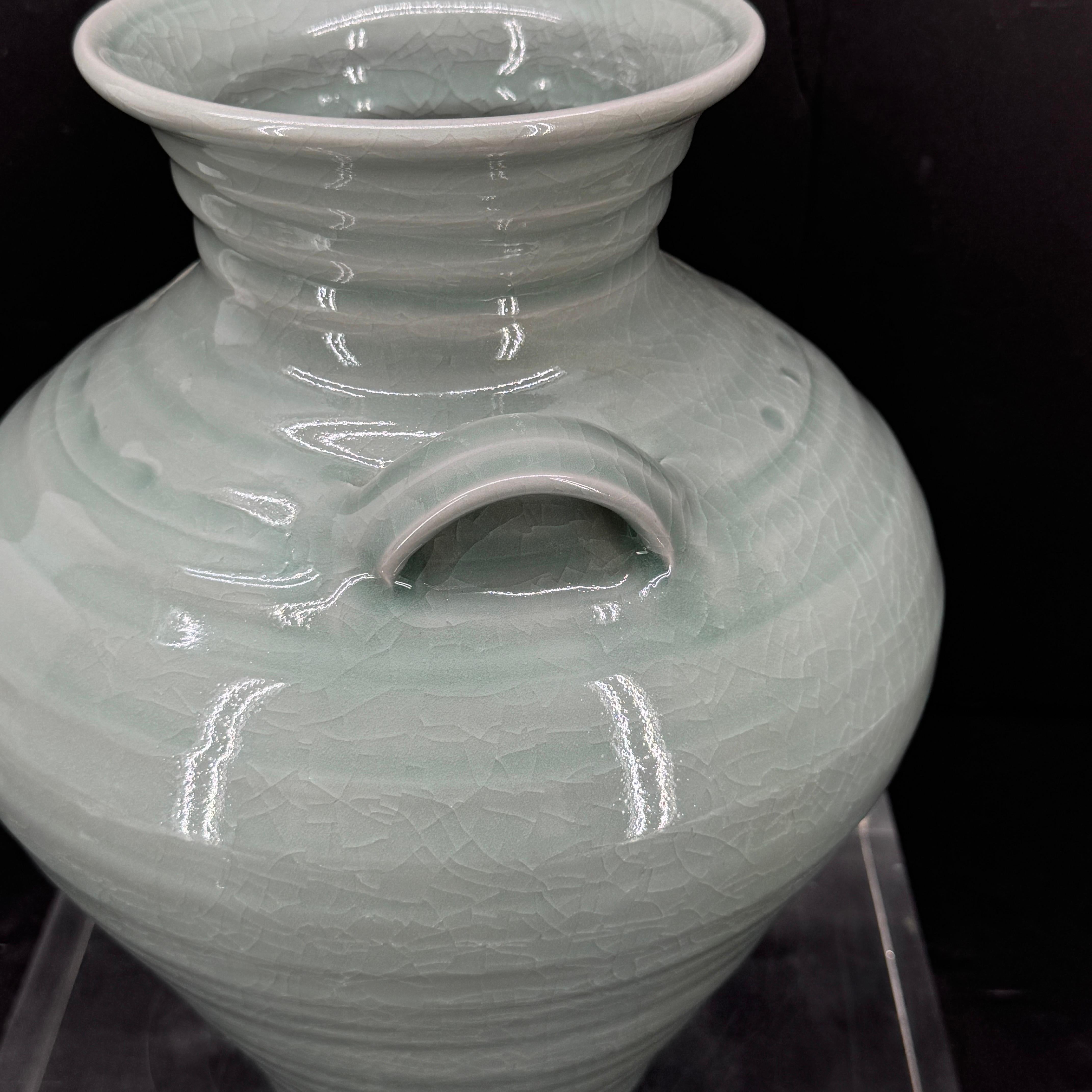 Simon Pearce Modernist Ceramic Vase in Celadon Craqueleur Glaze with Handles 3