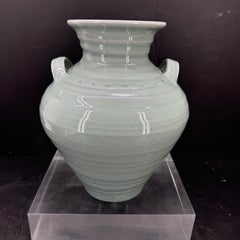 Simon Pearce Modernist Ceramic Vase in Celadon Craqueleur Glaze with Handles
