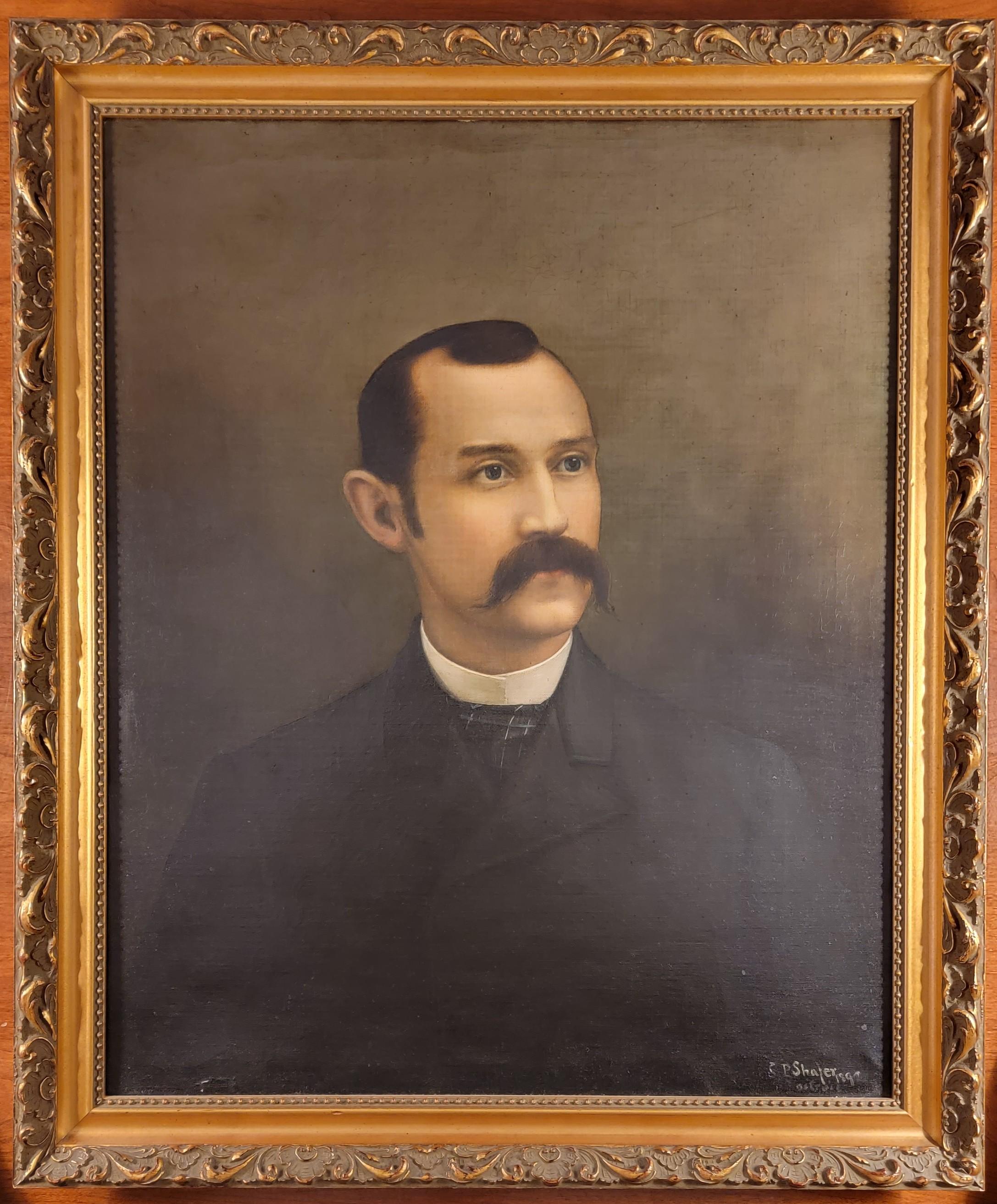 Retrato de un hombre, 1892, Artista de Detroit, Bigote prominente, Óleo sobre lienzo - Painting de Simon Peter Shafer