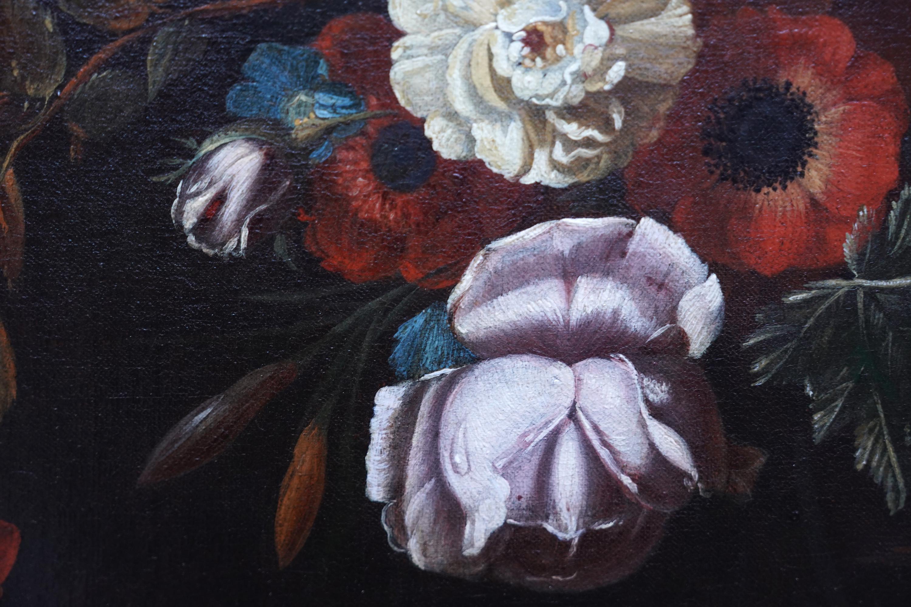 Floral Arrangement in a Glass Vase - Dutch Old Master still life oil painting For Sale 5