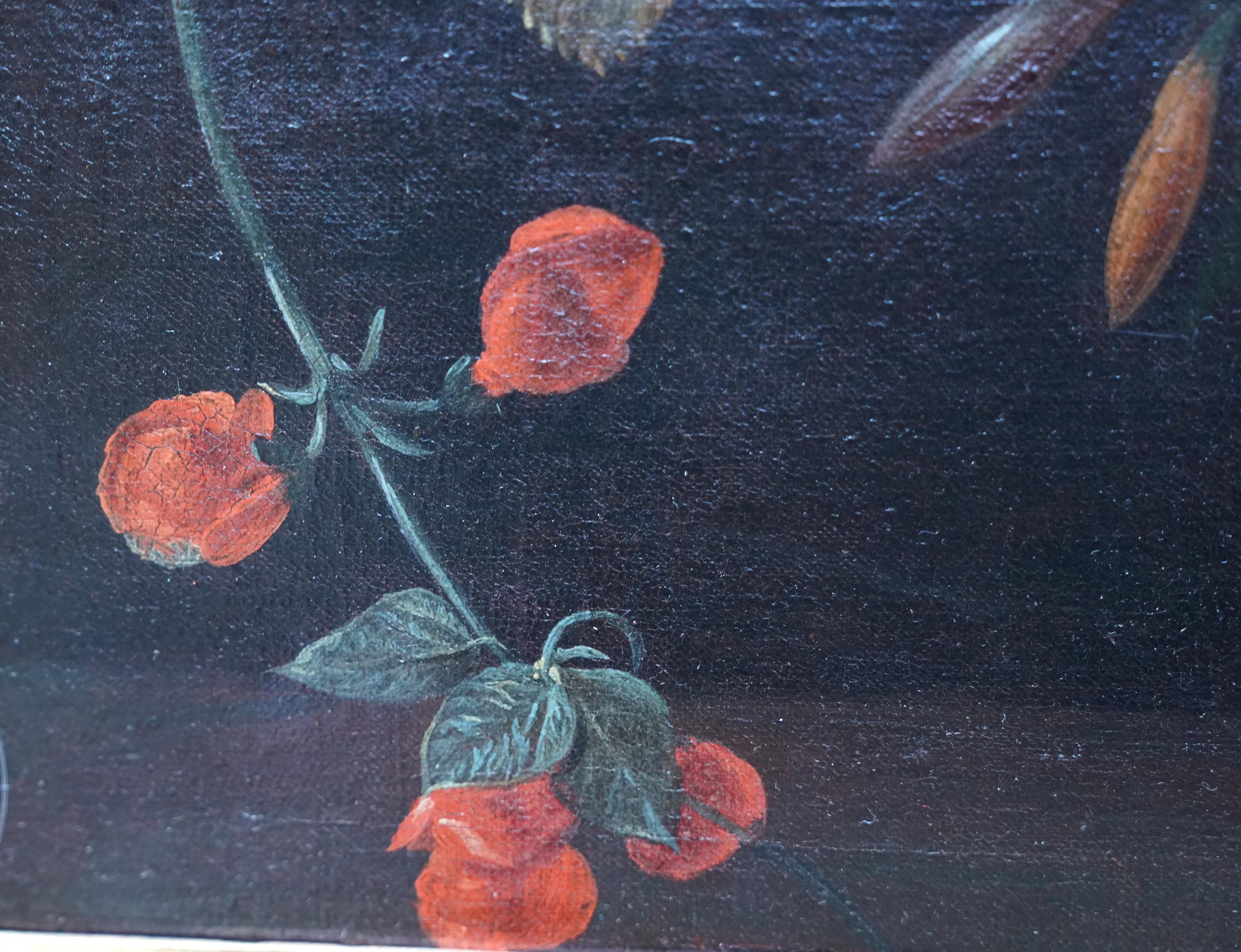 Floral Arrangement in a Glass Vase - Dutch Old Master still life oil painting For Sale 6