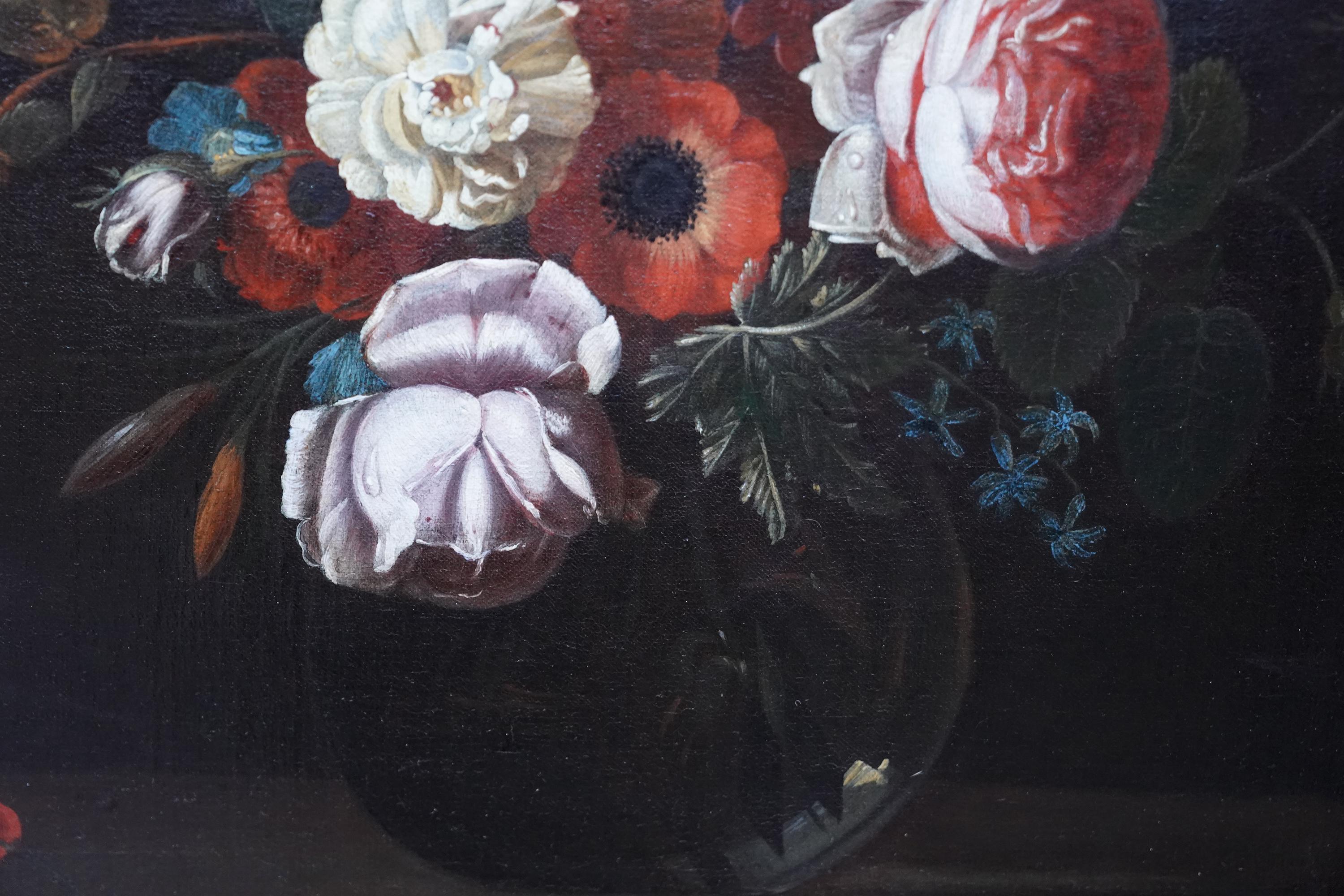 Floral Arrangement in a Glass Vase - Dutch Old Master still life oil painting For Sale 7