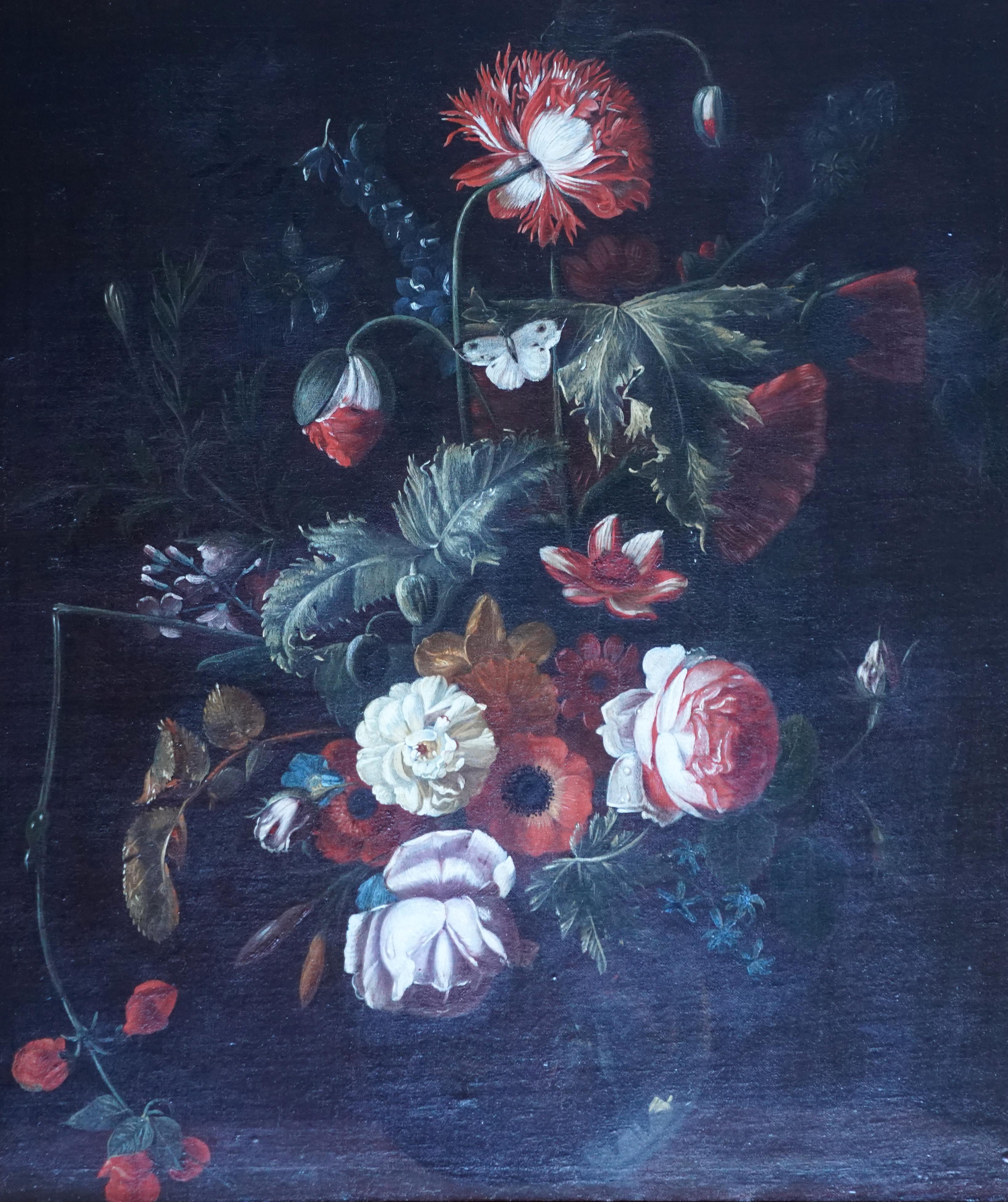 Floral Arrangement in a Glass Vase - Dutch Old Master still life oil painting For Sale 10