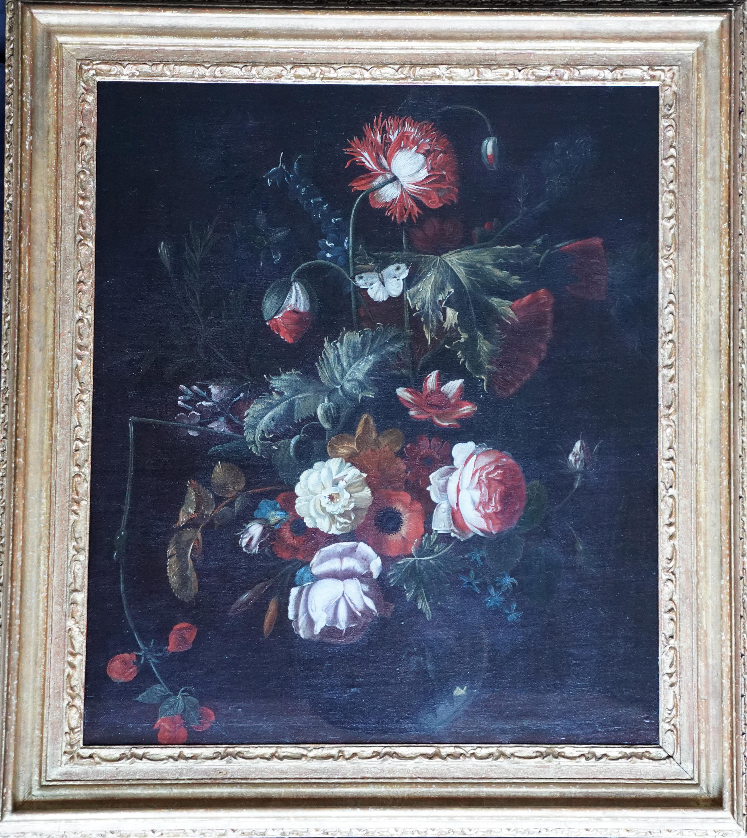 Floral Arrangement in a Glass Vase - Dutch Old Master still life oil painting For Sale 11