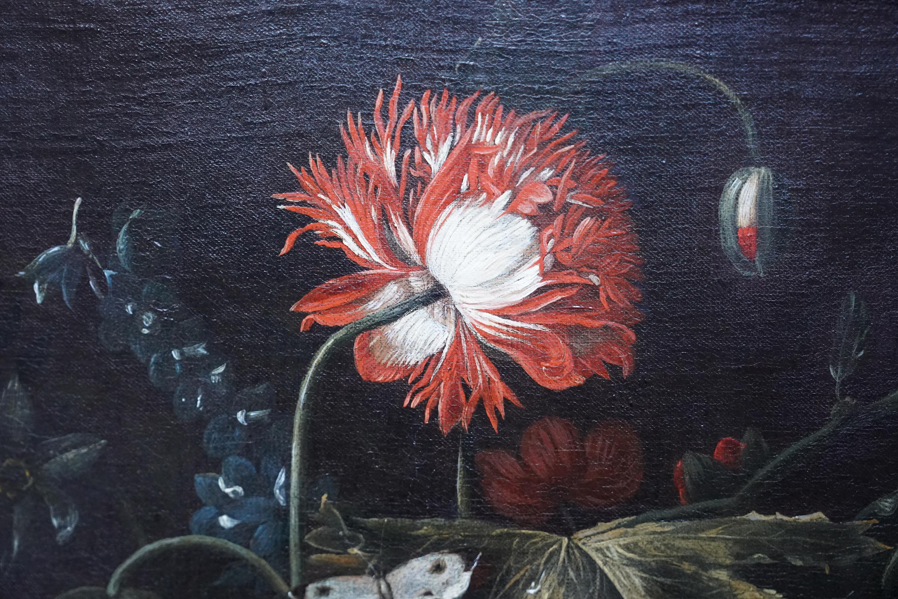 This stunning 18th century Dutch Old Master Golden Age floral oil painting is attributed to a circle of Simon Pietersz Verelst. Painted circa 1720 it is a still life floral of a mixed flower arrangement in a glass vase. The flowers include poppies,