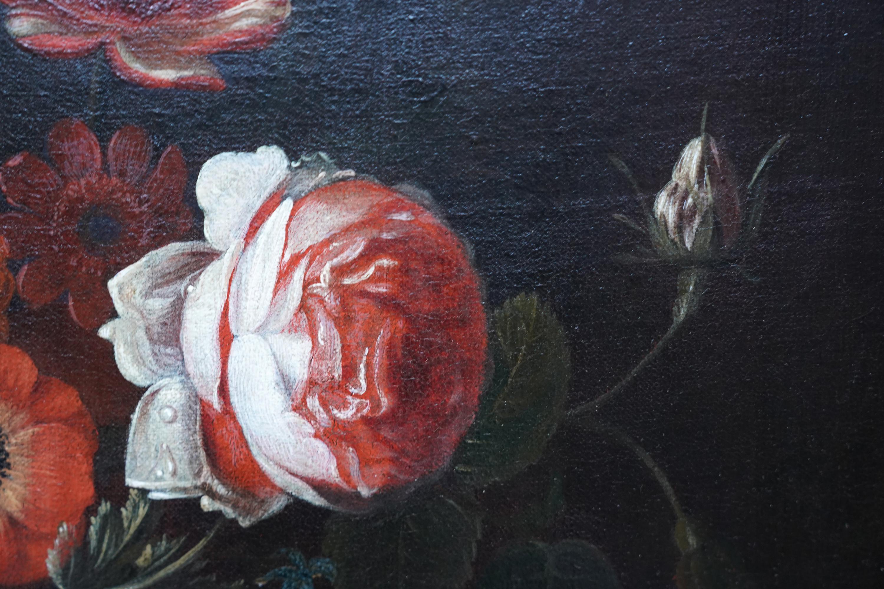 Floral Arrangement in a Glass Vase - Dutch Old Master still life oil painting For Sale 3