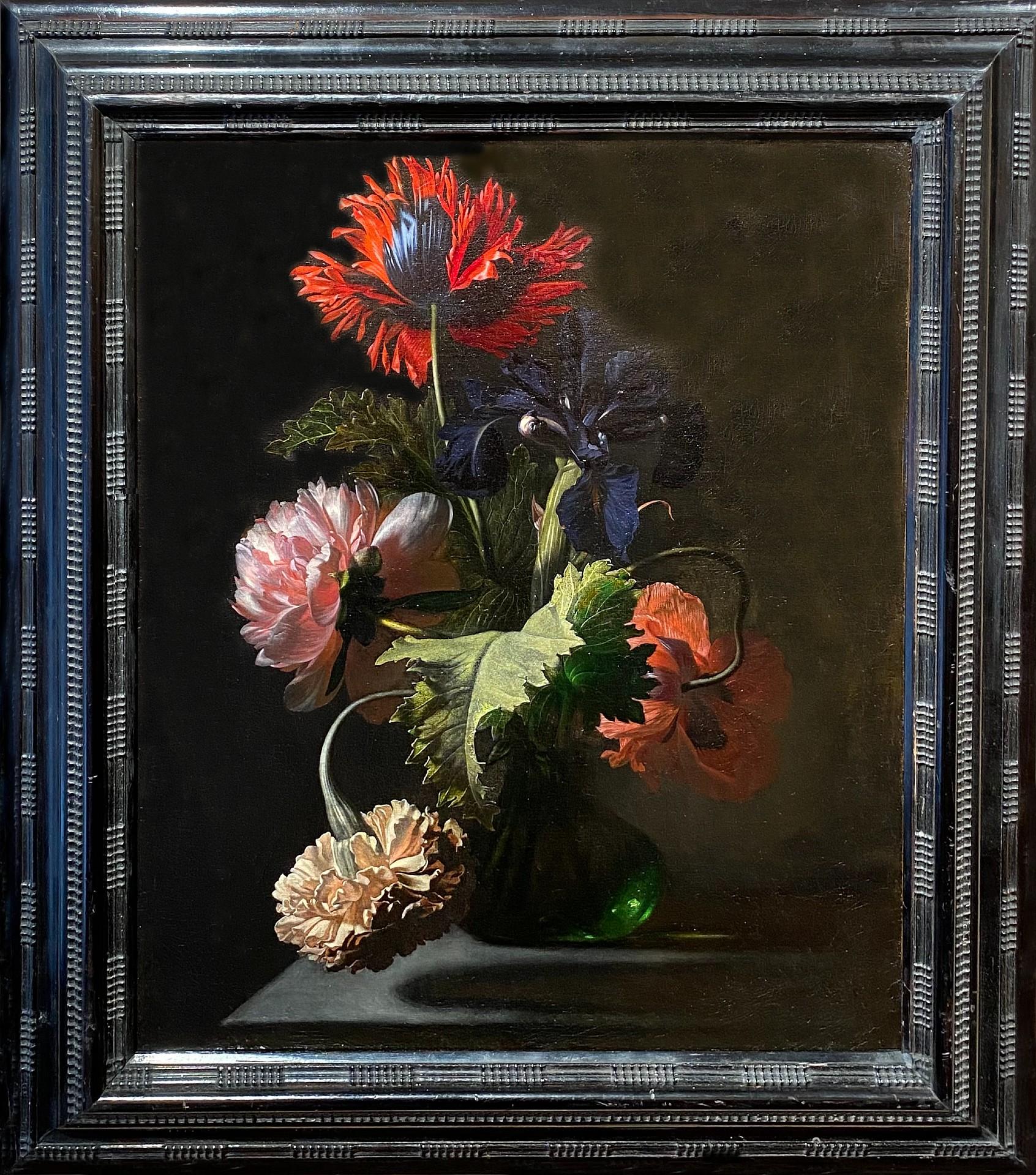 Simon Pietersz Verelst Still-Life Painting - Still Life of a Poppy, Iris and Peonies in a Glass Vase