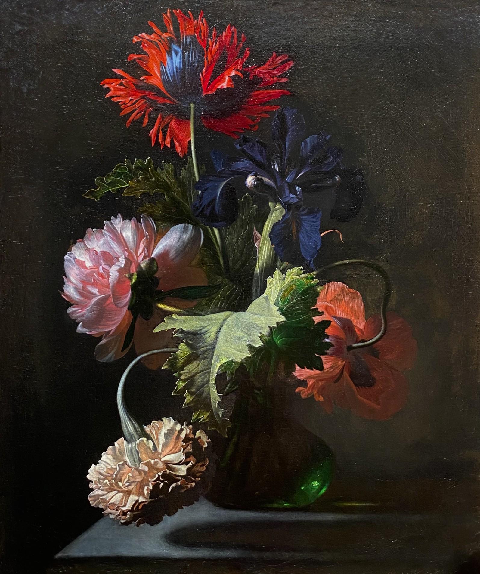 Still Life of a Poppy, Iris and Peonies in a Glass Vase - Painting by Simon Pietersz Verelst