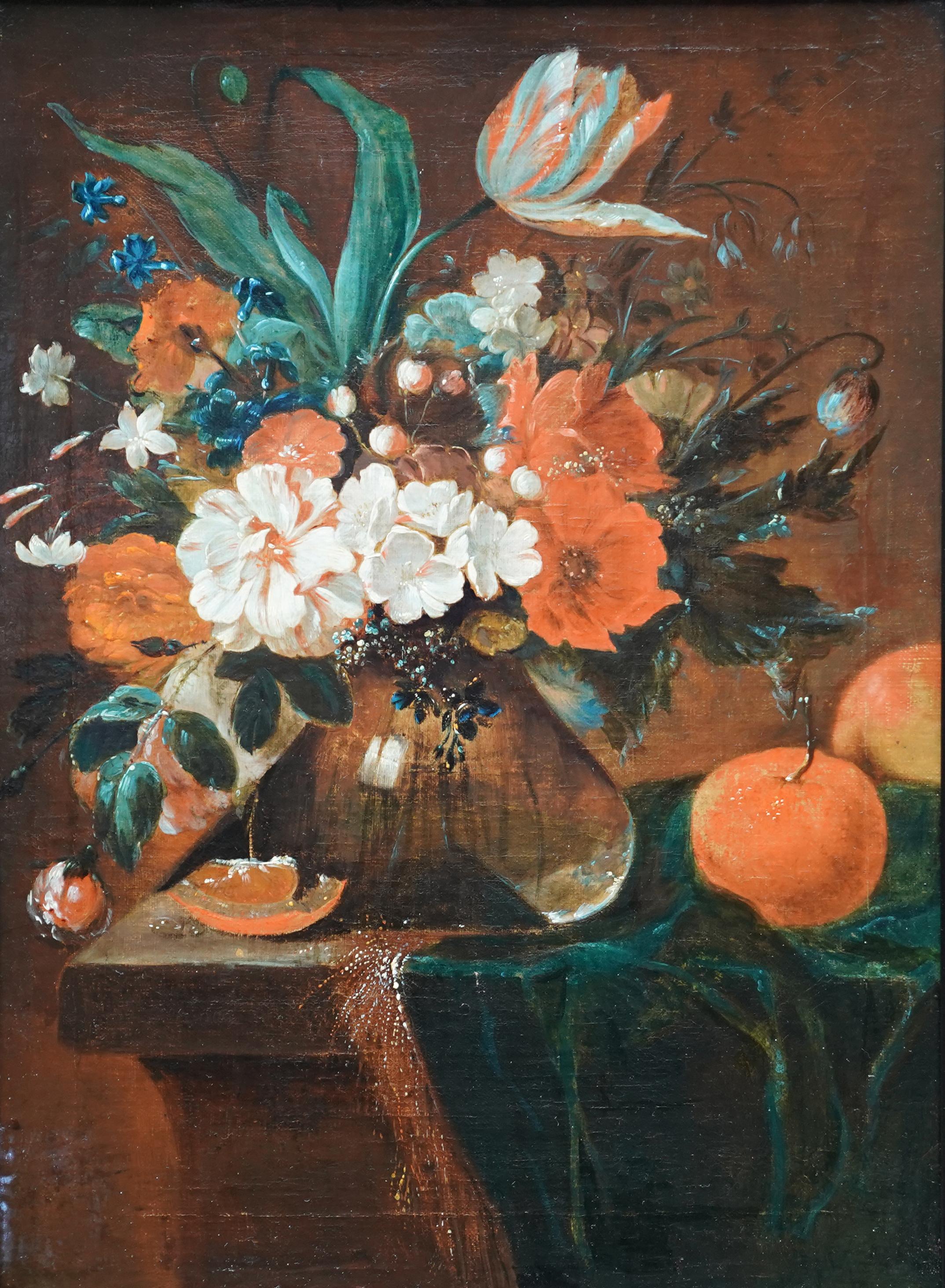 Still Life of Flowers and fruit - Dutch Old Master c1700 floral art oil painting For Sale 7