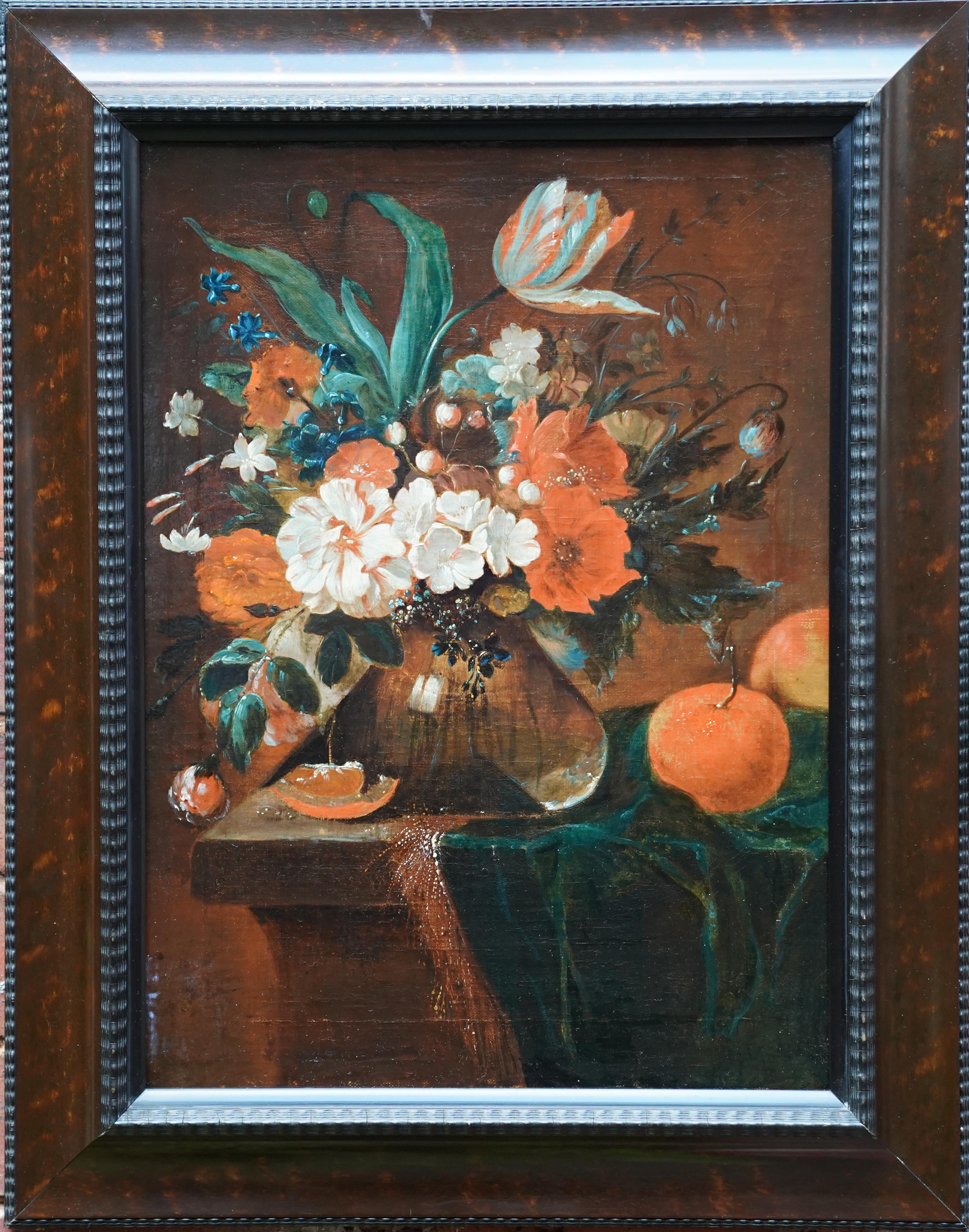 Still Life of Flowers and fruit - Dutch Old Master c1700 floral art oil painting For Sale 8