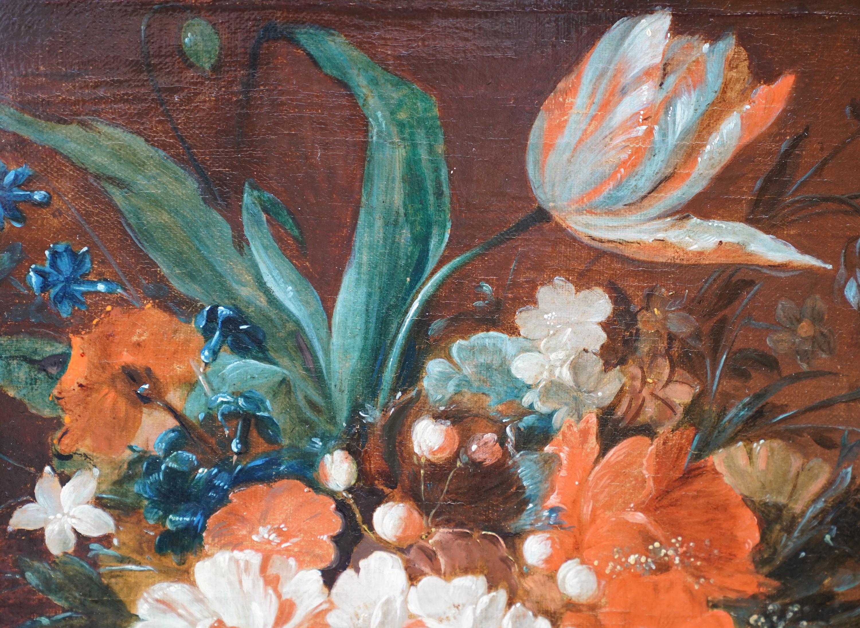 Still Life of Flowers and fruit - Dutch Old Master c1700 floral art oil painting For Sale 1