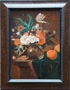 Still Life of Flowers and fruit - Dutch Old Master c1700 floral art oil painting