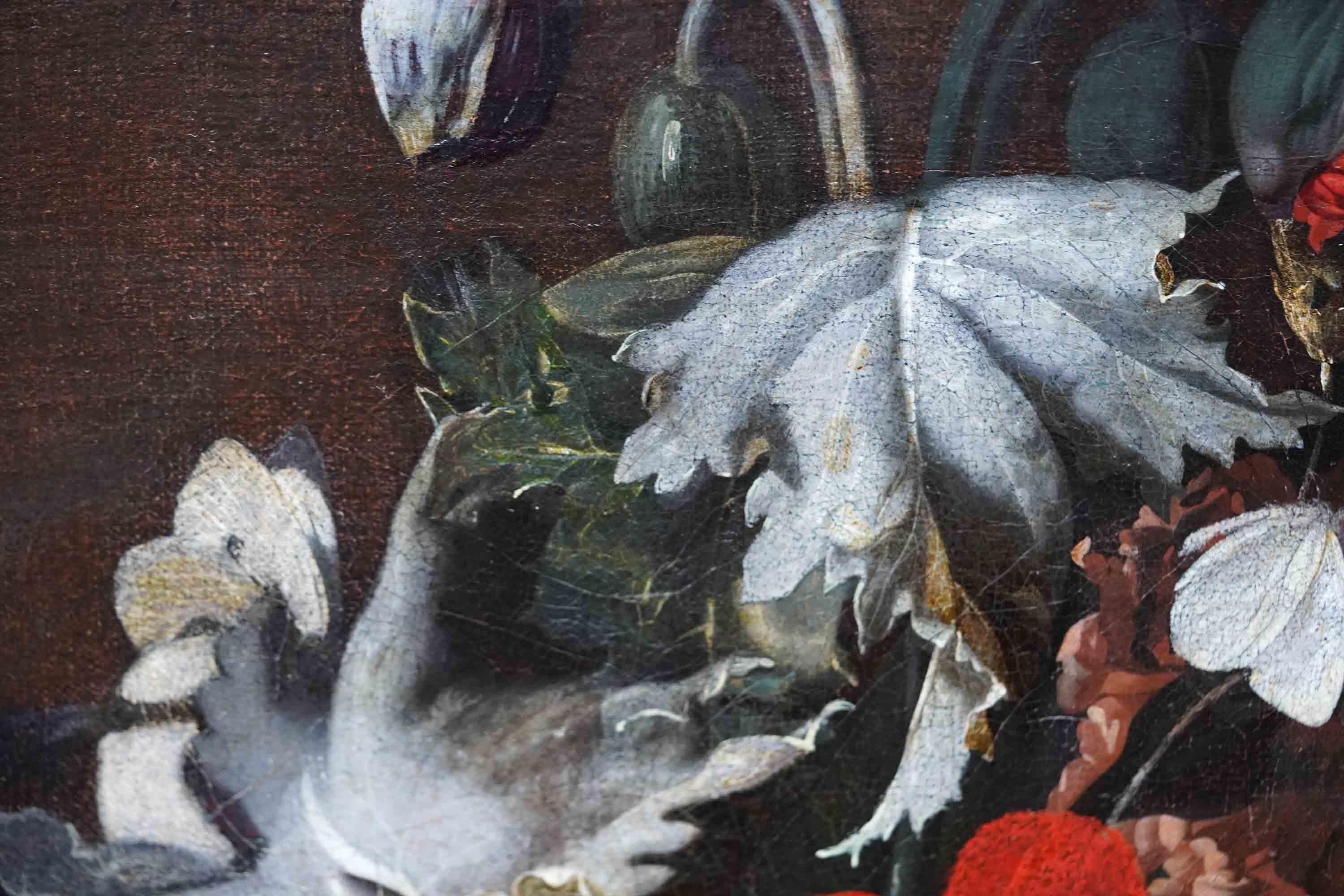Still Life of Flowers in vase on Ledge - Dutch 17thC Old Master art oil painting For Sale 7