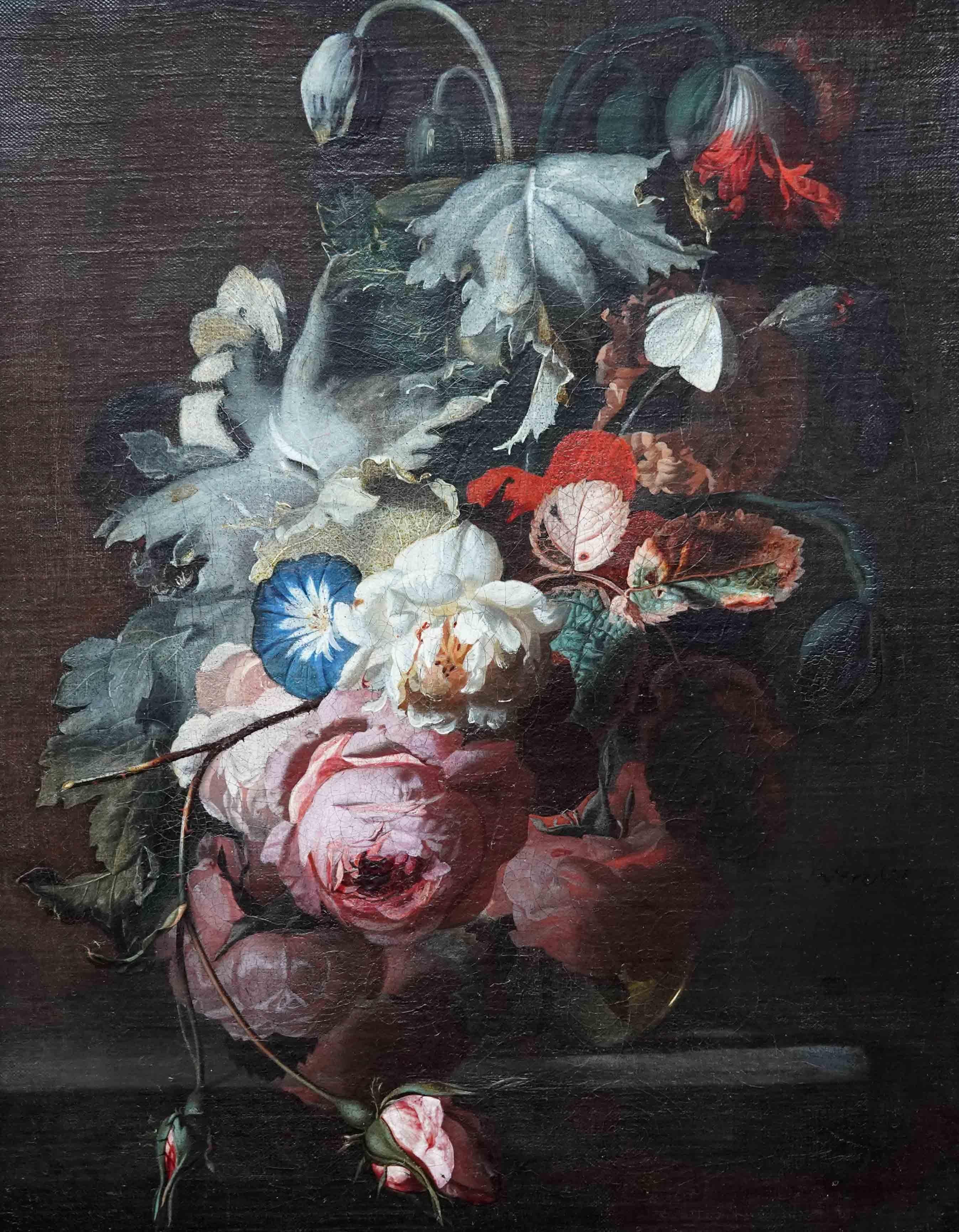 Still Life of Flowers in vase on Ledge - Dutch 17thC Old Master art oil painting For Sale 10