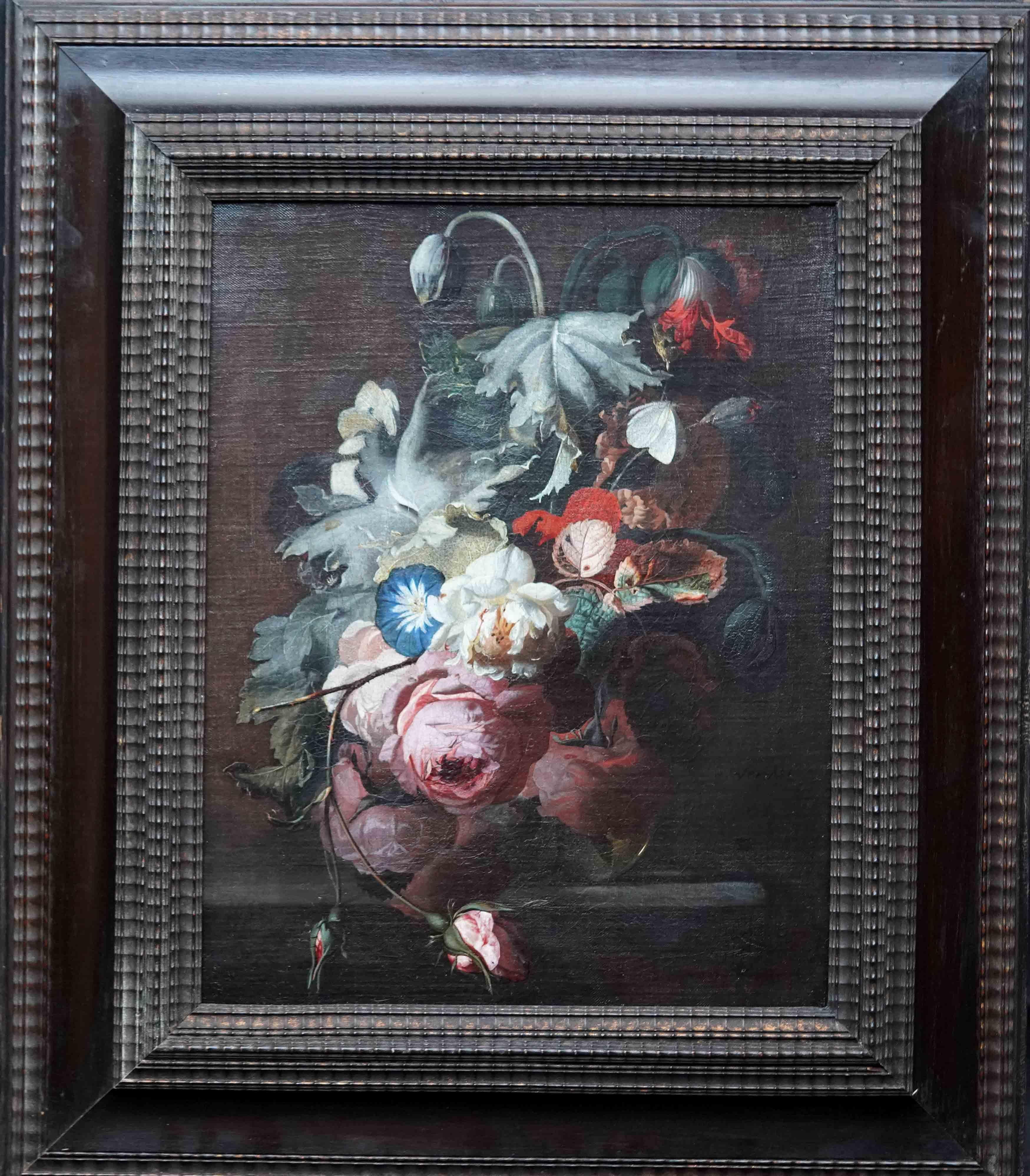 Still Life of Flowers in vase on Ledge - Dutch 17thC Old Master art oil painting For Sale 12