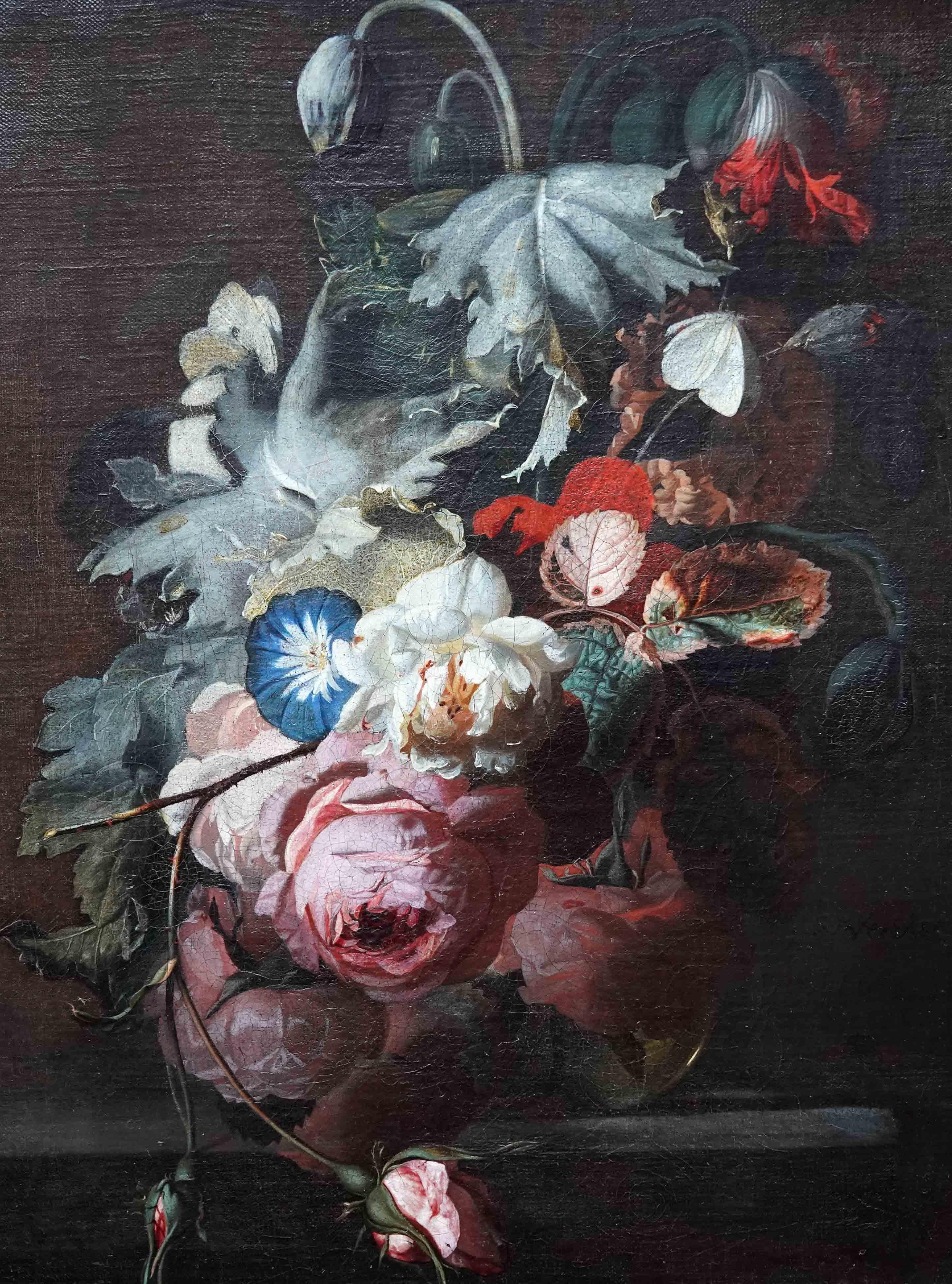 Still Life of Flowers in vase on Ledge - Dutch 17thC Old Master art oil painting - Old Masters Painting by Simon Pietersz Verelst