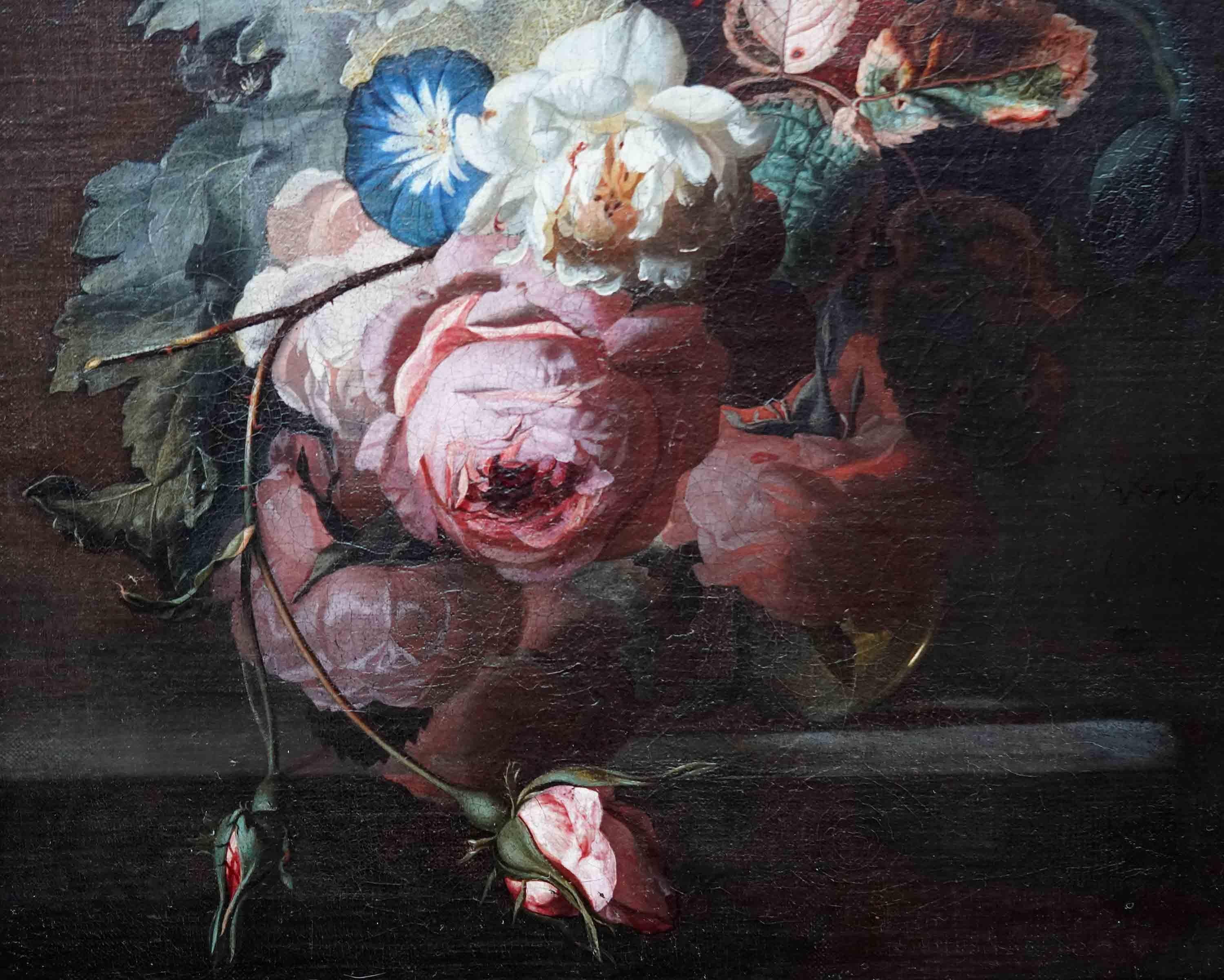 Still Life of Flowers in vase on Ledge - Dutch 17thC Old Master art oil painting For Sale 2