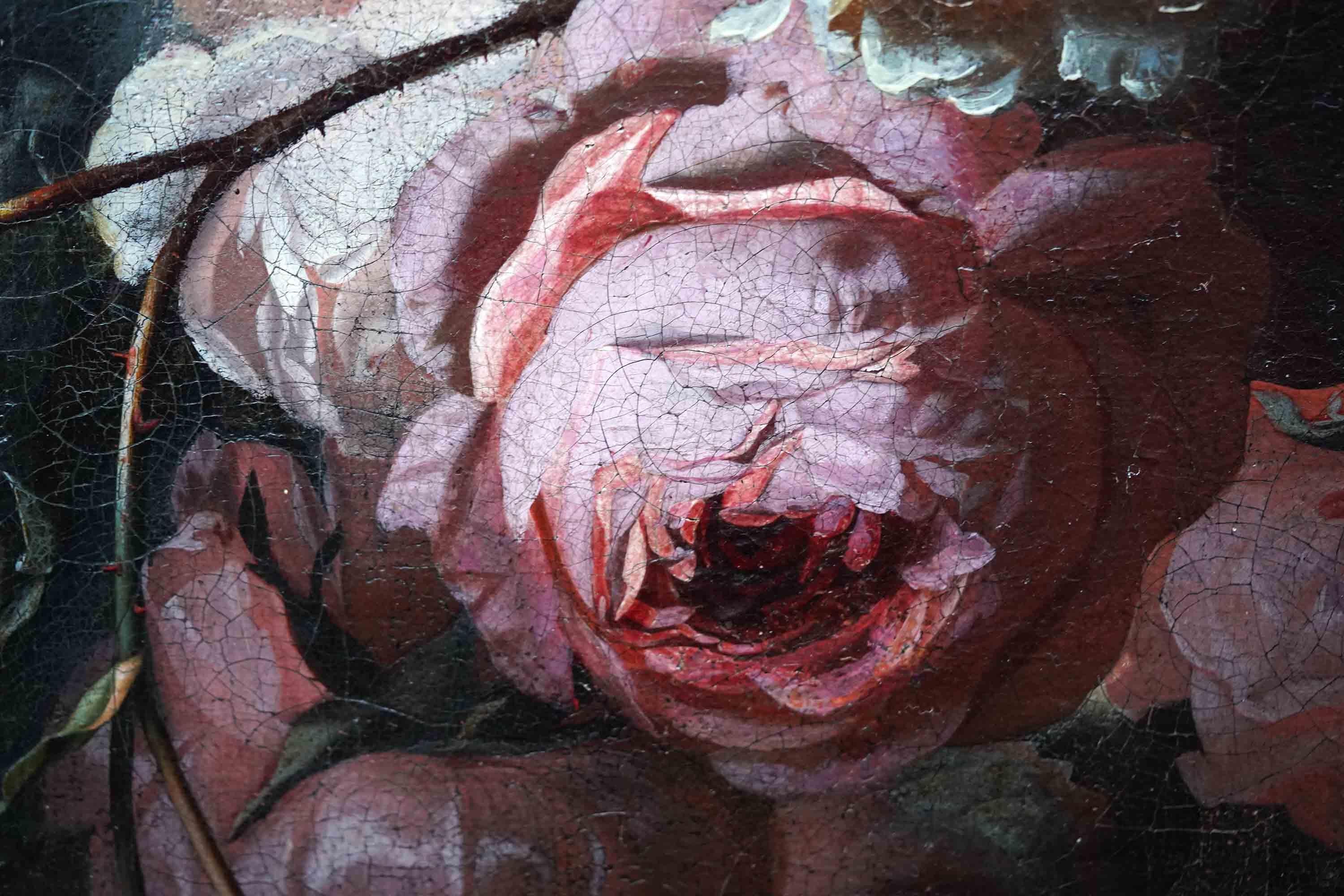 Still Life of Flowers in vase on Ledge - Dutch 17thC Old Master art oil painting For Sale 5