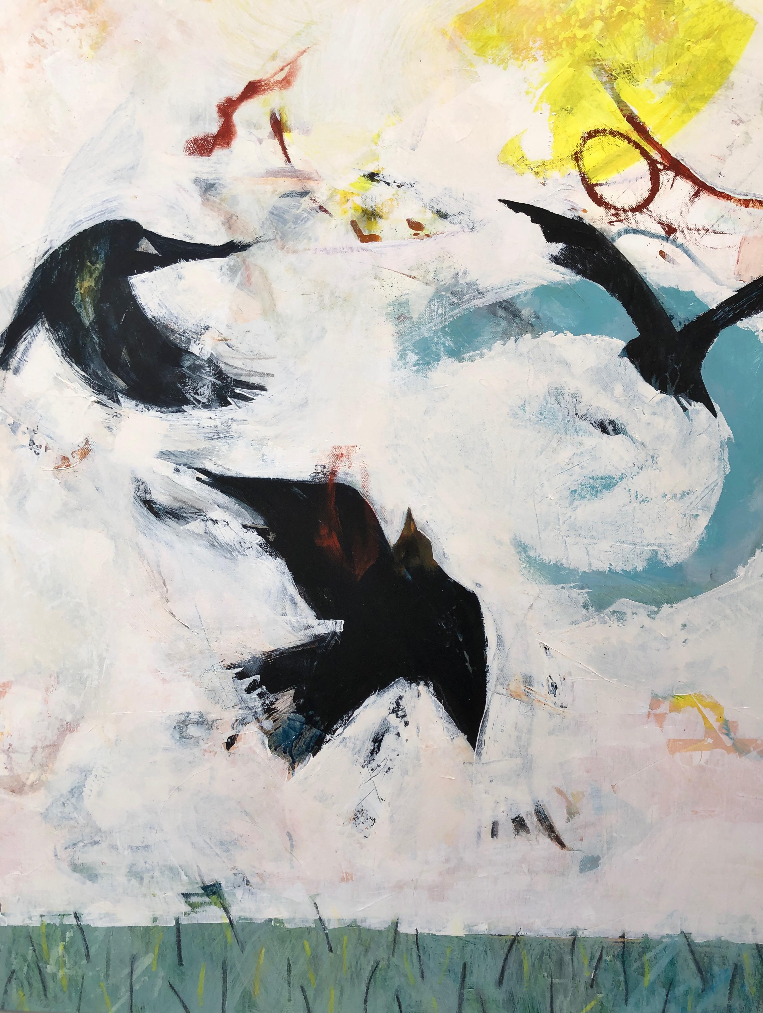 Simon Pooley Animal Painting - Playful Rooks, Contemporary Oil Painting