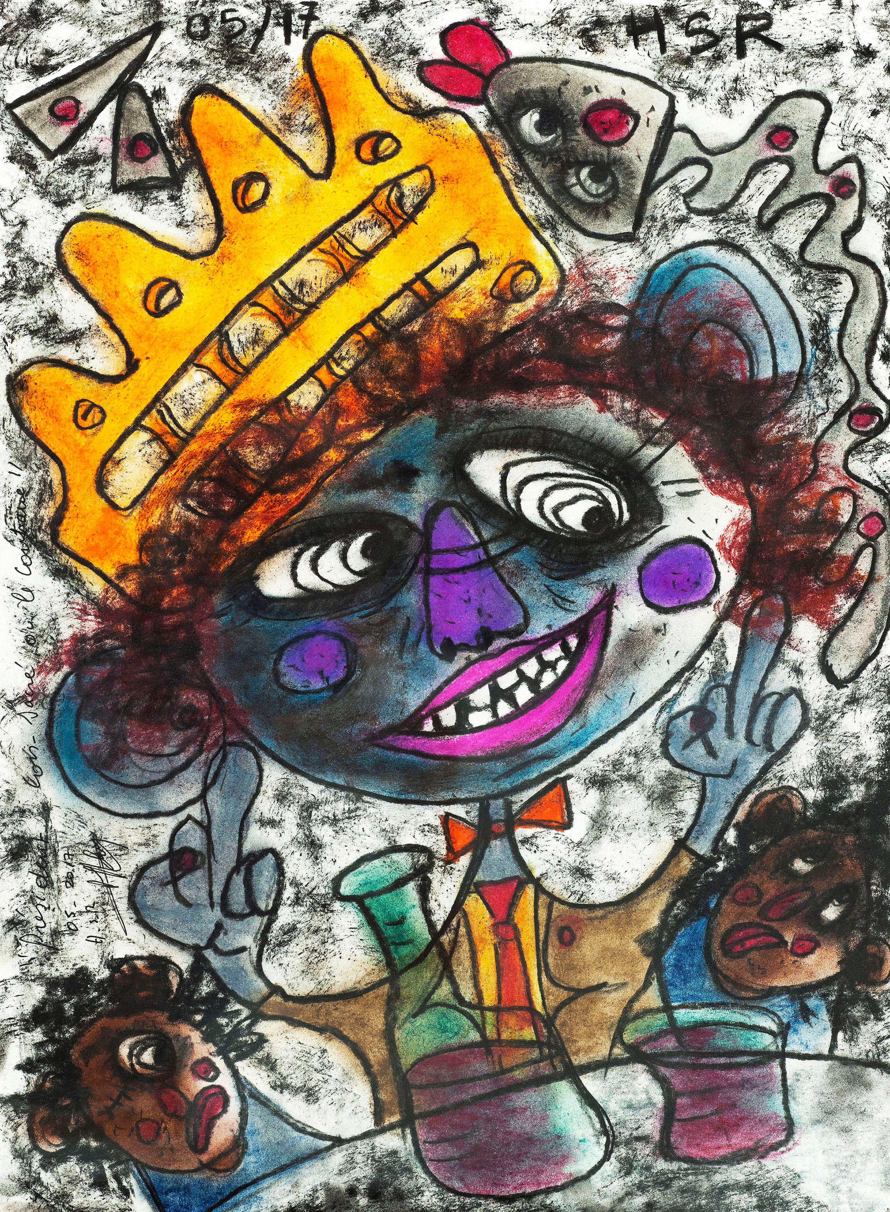 A President Sacred Asshole - Pastel on Paper Black White Brown Red Blue Yellow