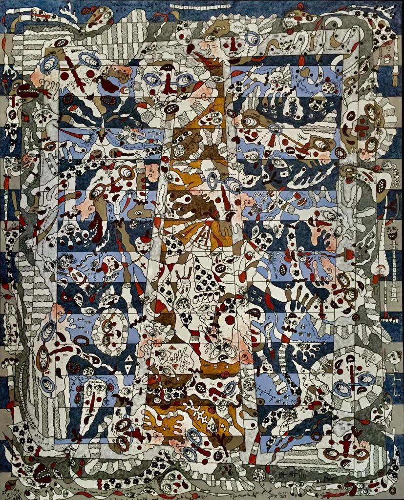 Simon Richard Halimi Abstract Painting – I lost The Keys - Großes abstraktes Gemälde in Gelb, Schwarz, Weiß, Braun und Graublau