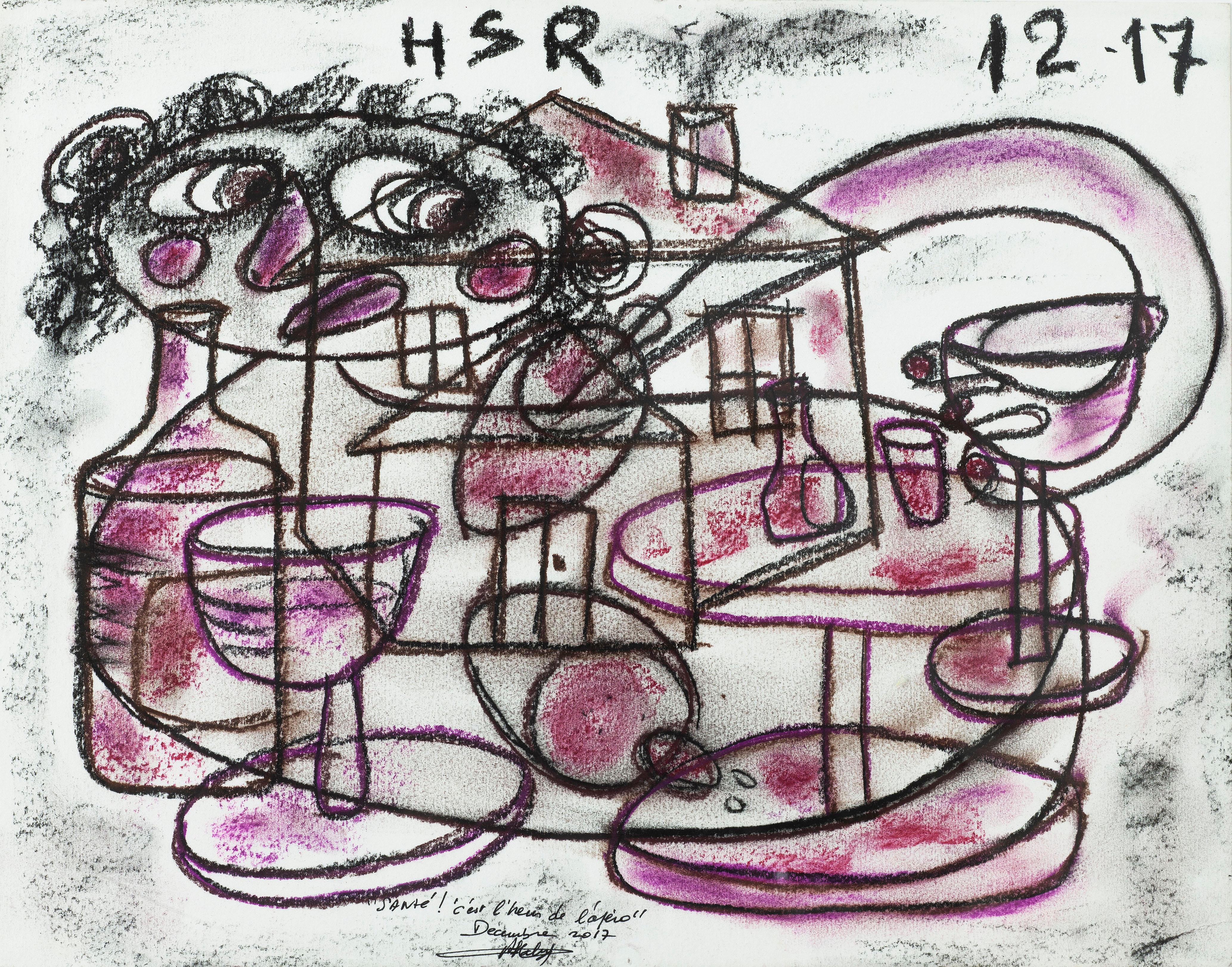It's Apero Time - Painting Pastel on Paper Black White Brown Red Pink Blue