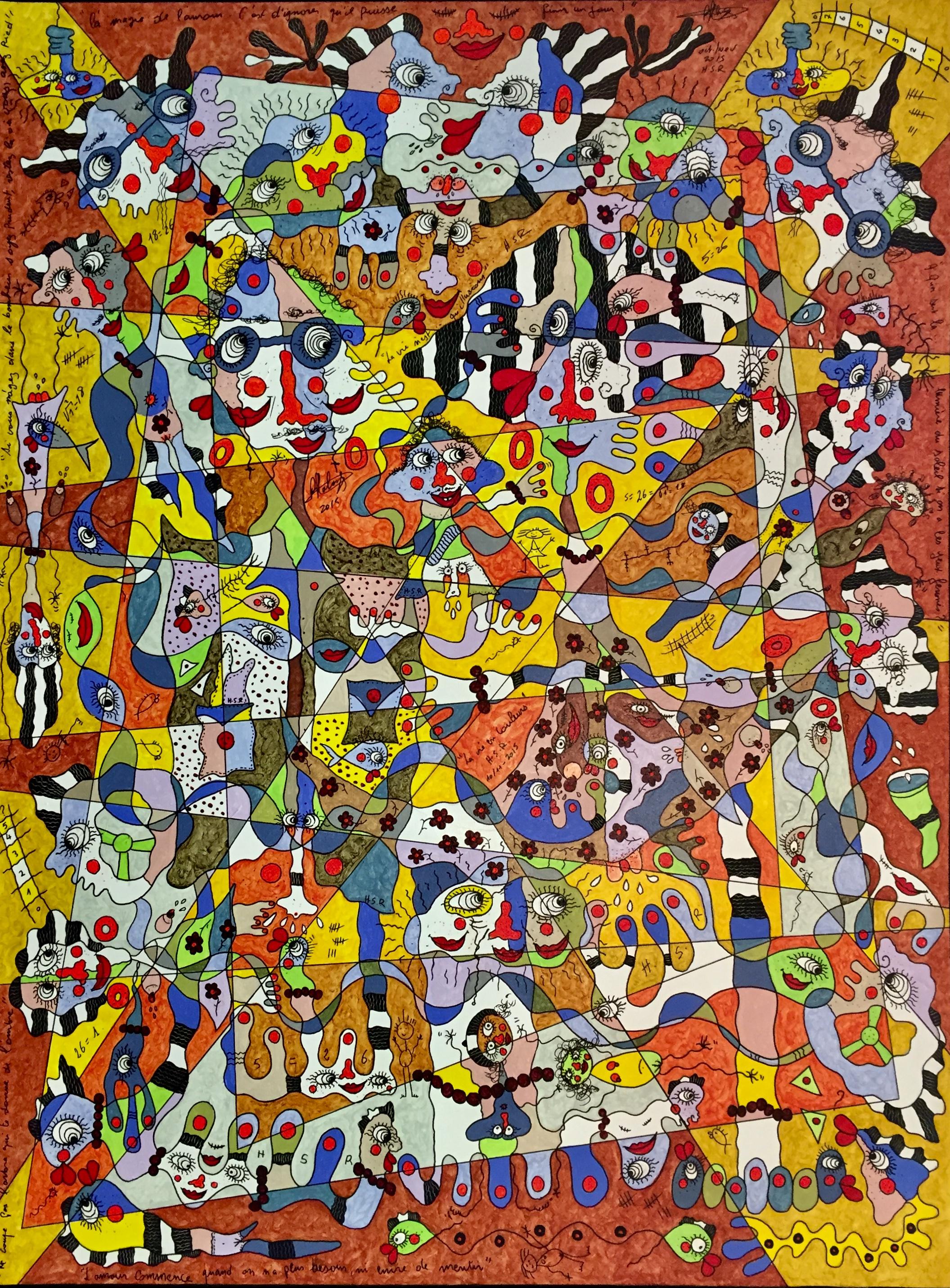Figurative Painting di Simon Richard Halimi - La vita a colori - Quadro astratto di grandi dimensioni Viola Rosso Bianco Marrone Verde