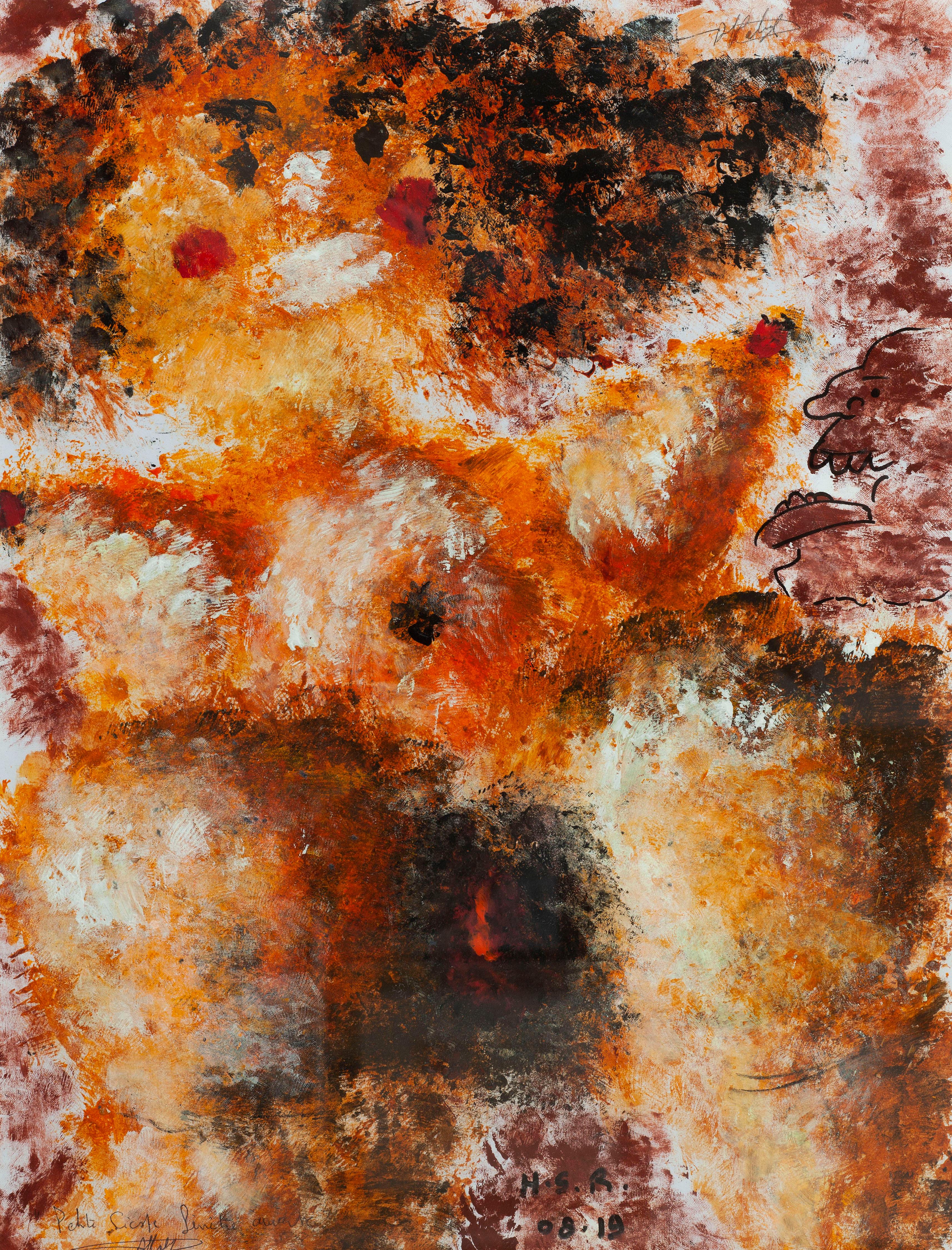 Abstract Painting Simon Richard Halimi - Petite fenêtre ouverte de nuit - Sponge acrylique sur papier jaune, orange, blanc, brun et rouge