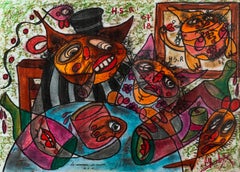 Marriage of Reason - Peinture au pastel sur papier noir, blanc, marron, rouge, rose et bleu