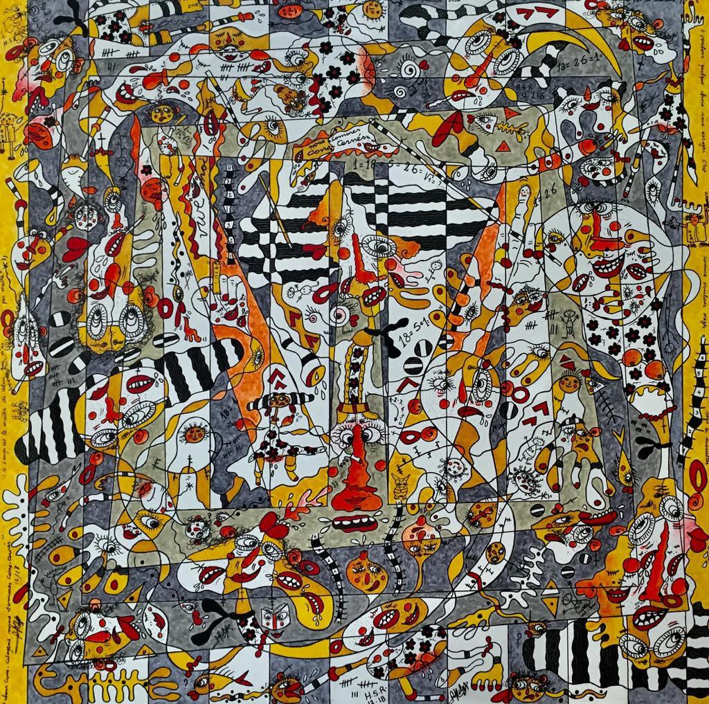 Nous sommes cons-cerné - Large Abstract Painting Yellow Black White Brown Grey