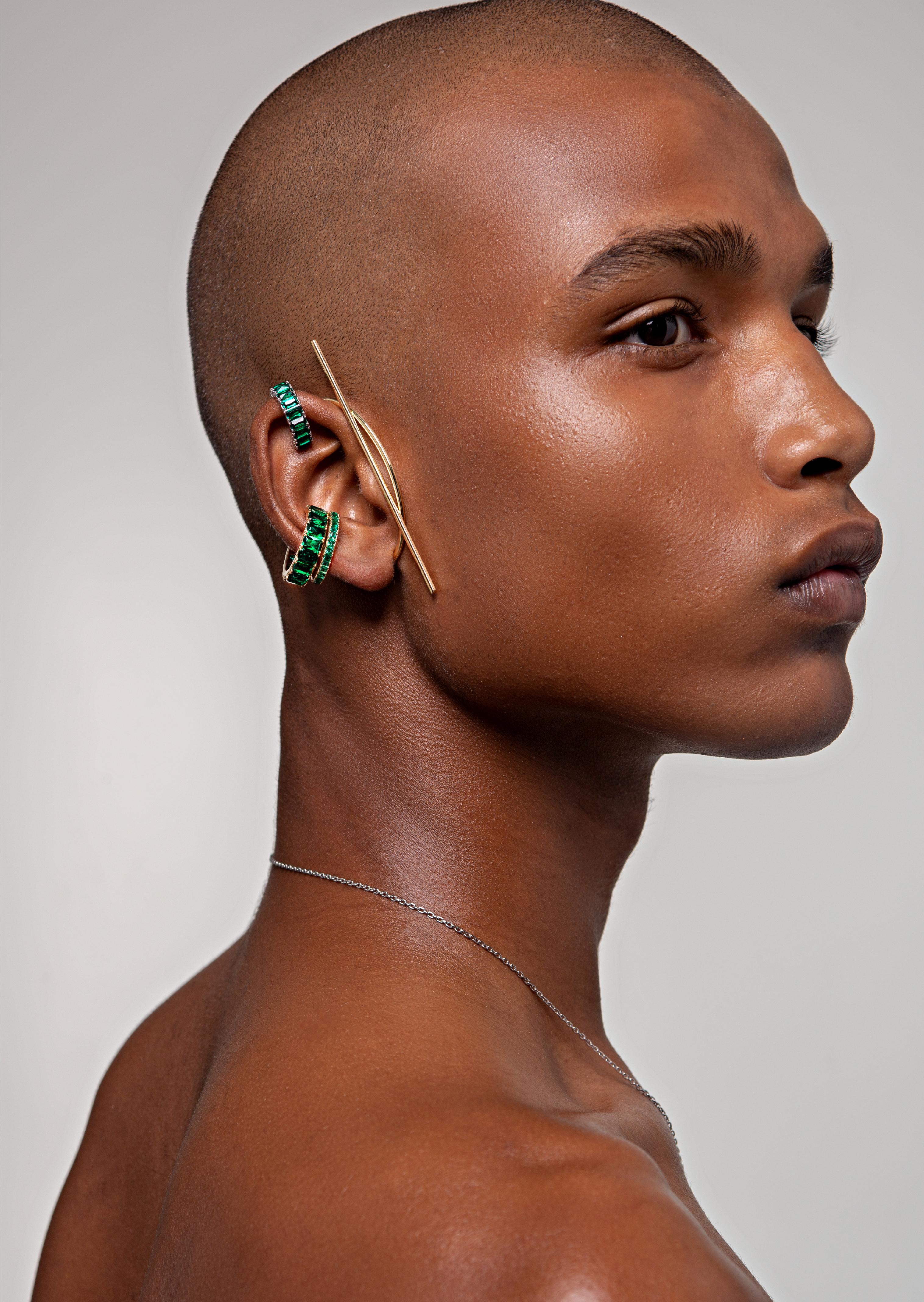 For Sale:  Simon Ring / Ear Cuff with Baguette Lab Emeralds, 18k Gold 6