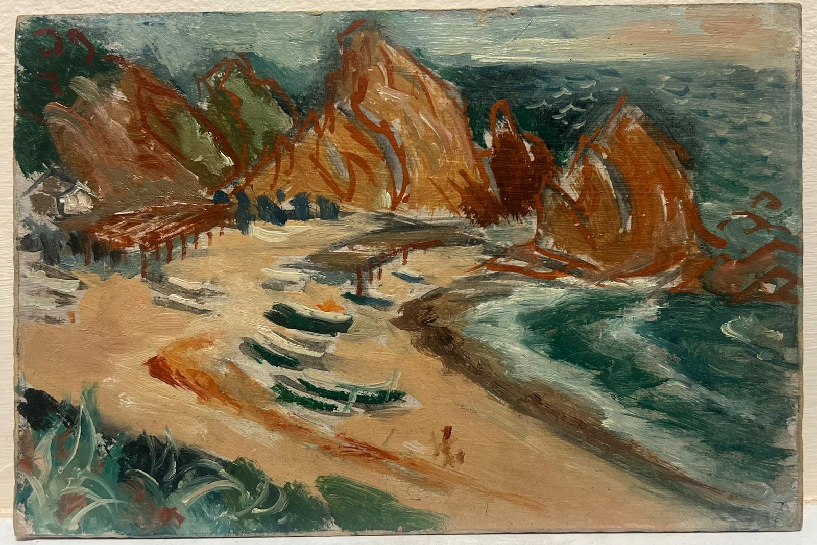 Pittura a olio d'epoca francese post-impressionista Ibiza Costa Rocciosa Spiaggia 1954 - Painting di Simon Robert
