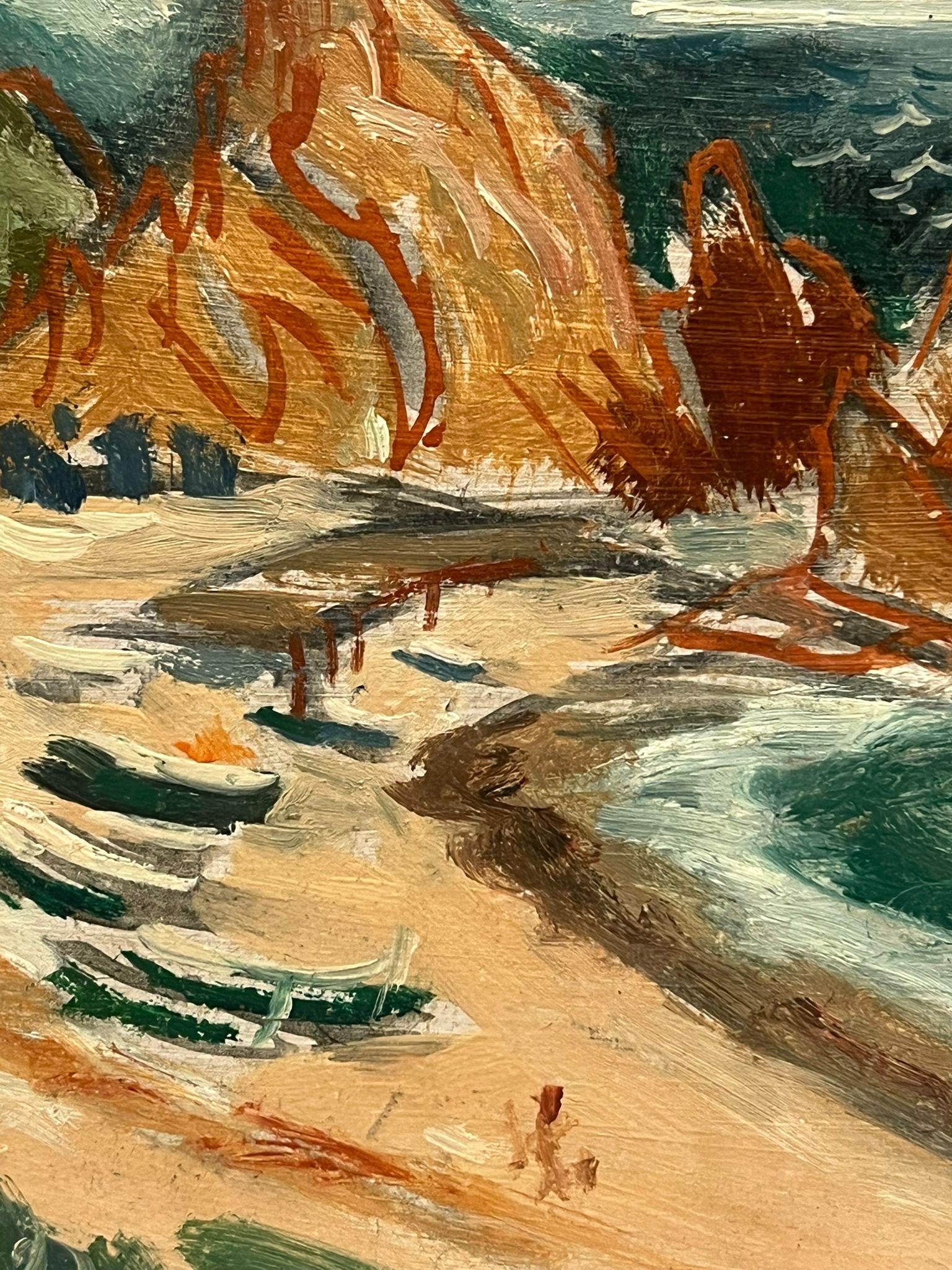Pittura a olio d'epoca francese post-impressionista Ibiza Costa Rocciosa Spiaggia 1954 - Landscape Painting Marrone di Simon Robert