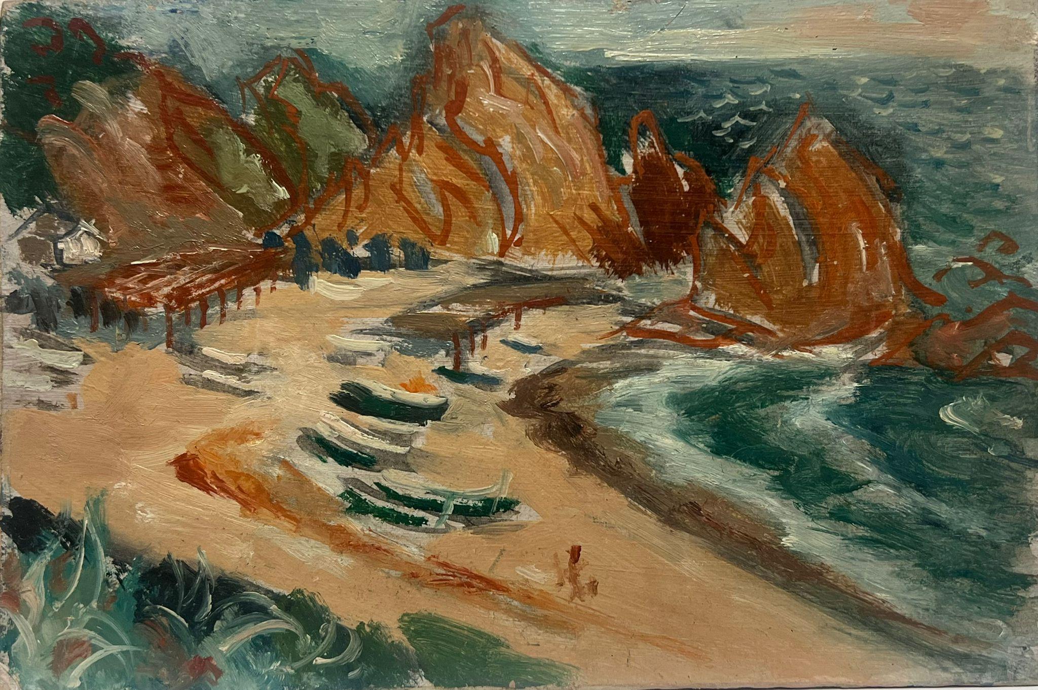 Landscape Painting di Simon Robert - Pittura a olio d'epoca francese post-impressionista Ibiza Costa Rocciosa Spiaggia 1954