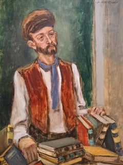 The Bookseller, Expressionist Portrait of a Scholar, Mid-Century Oil on Board