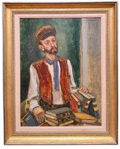 The Bookseller, Expressionist Portrait of a Scholar, Mid-Century Oil on Board