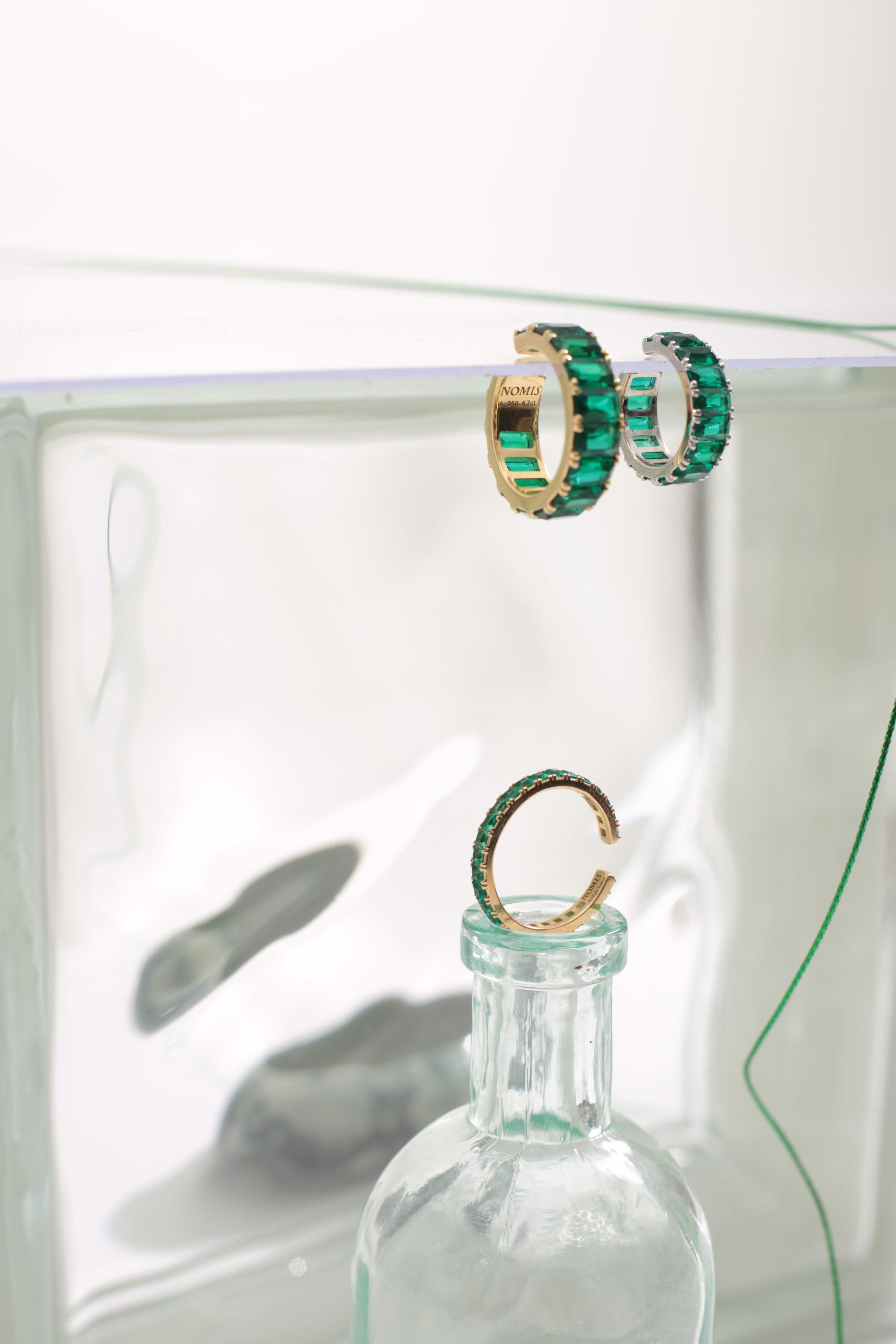 Women's or Men's Simon S Phalanx Ring / Ear Cuff with Baguette Lab Emeralds, 18k Gold For Sale