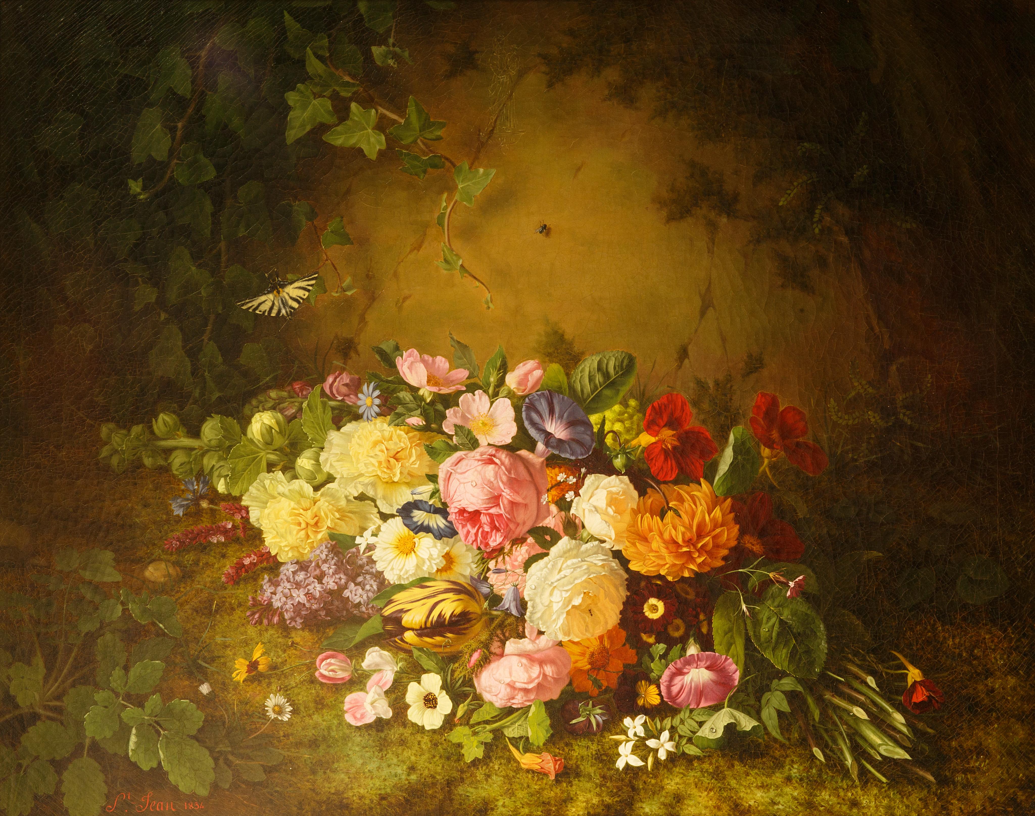 Bouquet of Wildflowers and Roses by Simon Saint Jean - Painting by Simon Saint-Jean