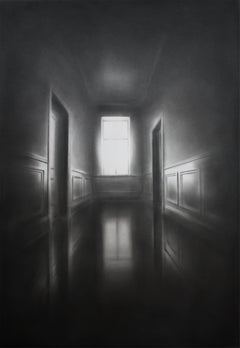Simon Schubert, graphite drawing, photo realist, architectural, light in hallway