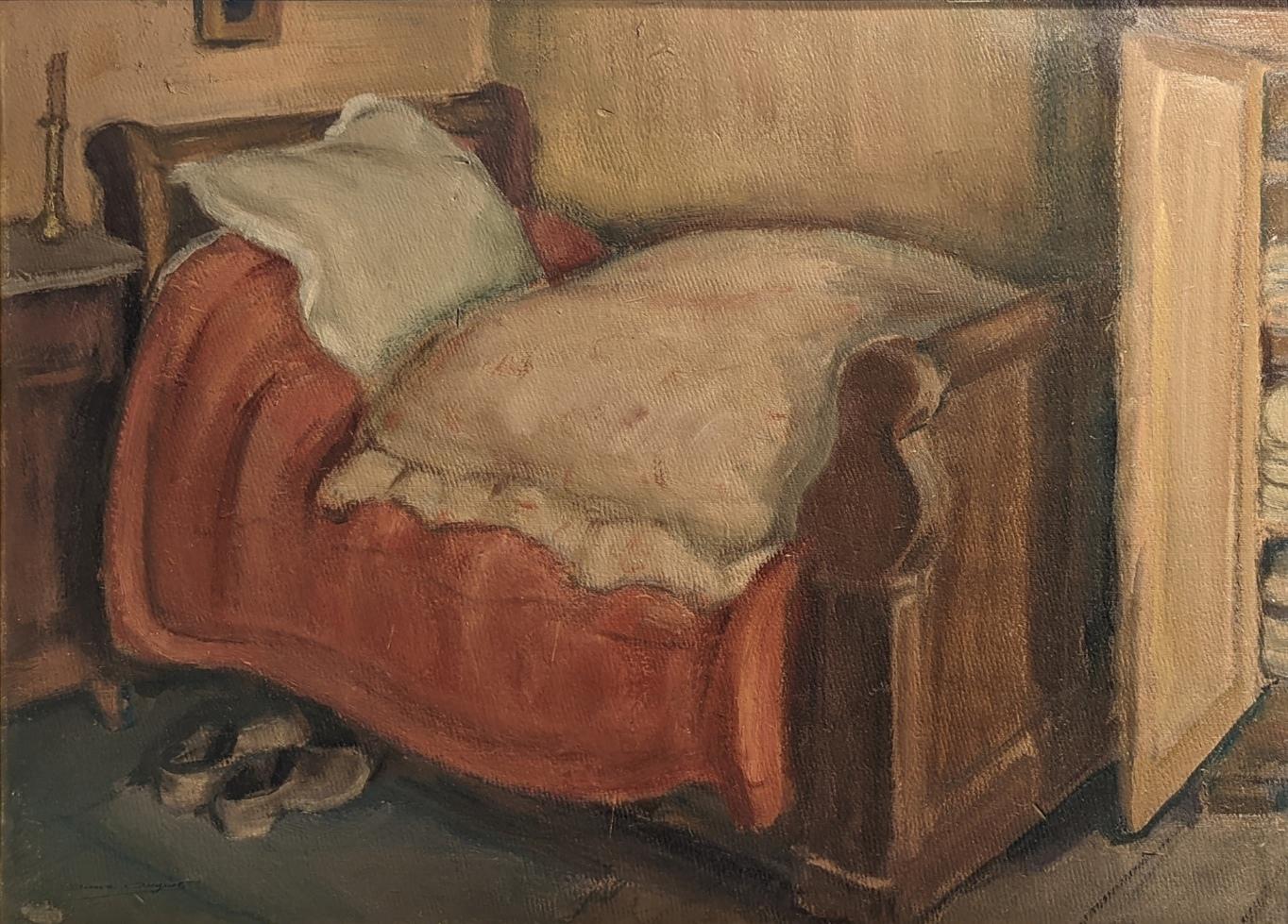 Bedroom Interior - French Mid 20th Century Post Impressionist Oil Painting - Brown Interior Painting by Simon Simon-Auguste