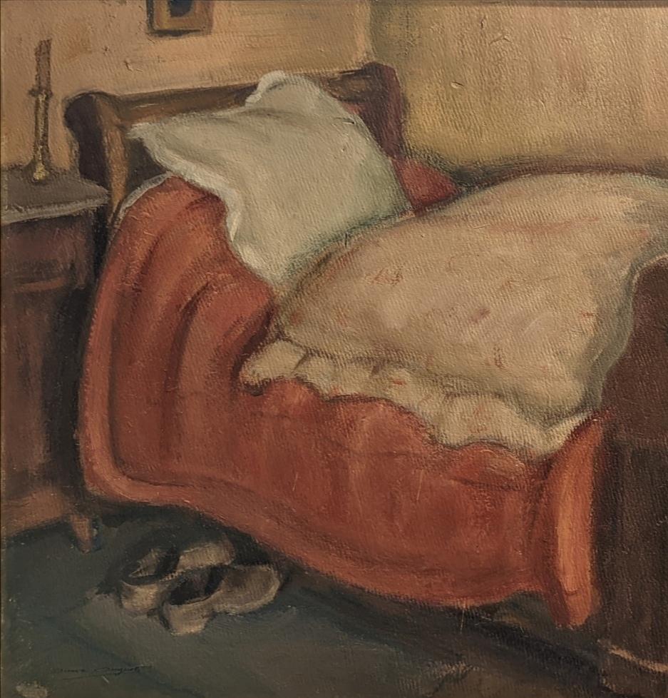 Schlafzimmer Interieur - Französisches postimpressionistisches Ölgemälde aus der Mitte des 20. (Post-Impressionismus), Painting, von Simon Simon-Auguste