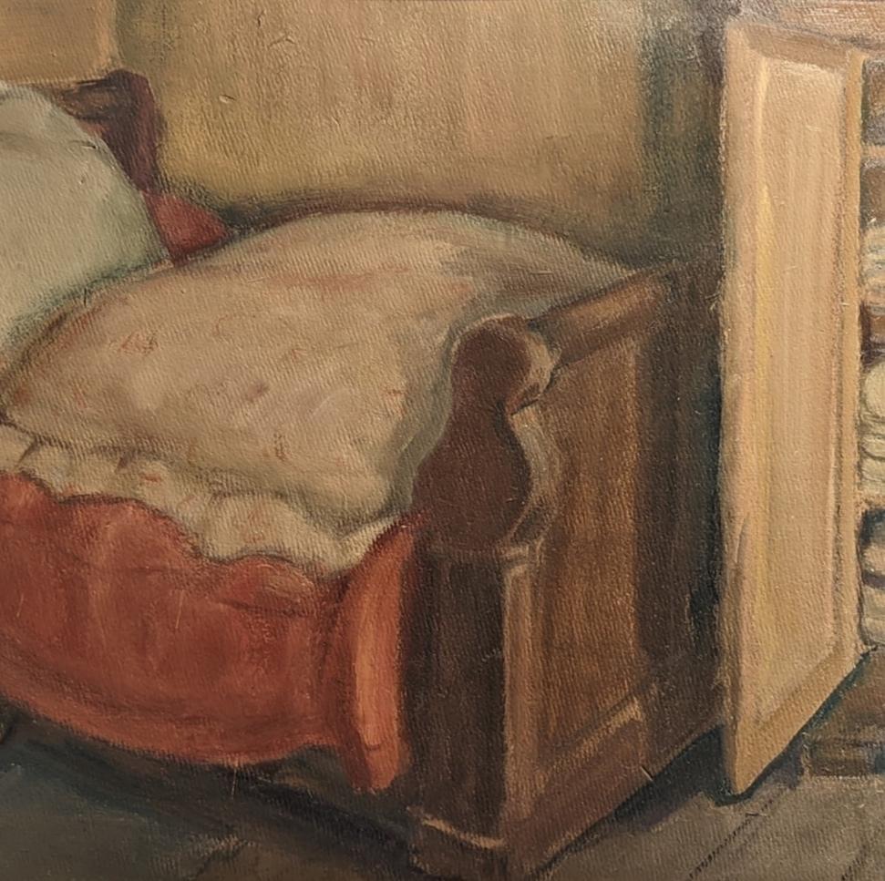 Schlafzimmer Interieur - Französisches postimpressionistisches Ölgemälde aus der Mitte des 20. (Braun), Interior Painting, von Simon Simon-Auguste