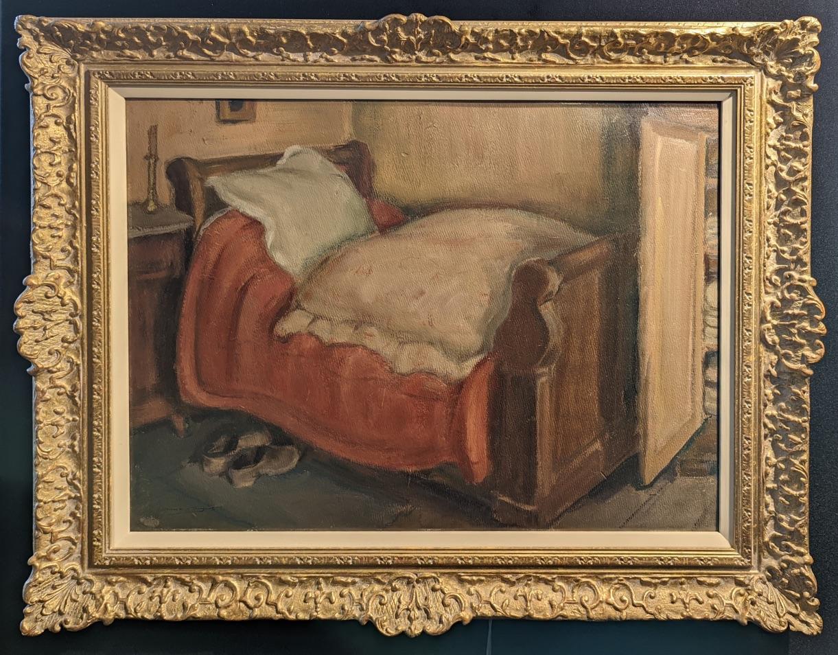 Simon Simon-Auguste Interior Painting – Schlafzimmer Interieur - Französisches postimpressionistisches Ölgemälde aus der Mitte des 20.
