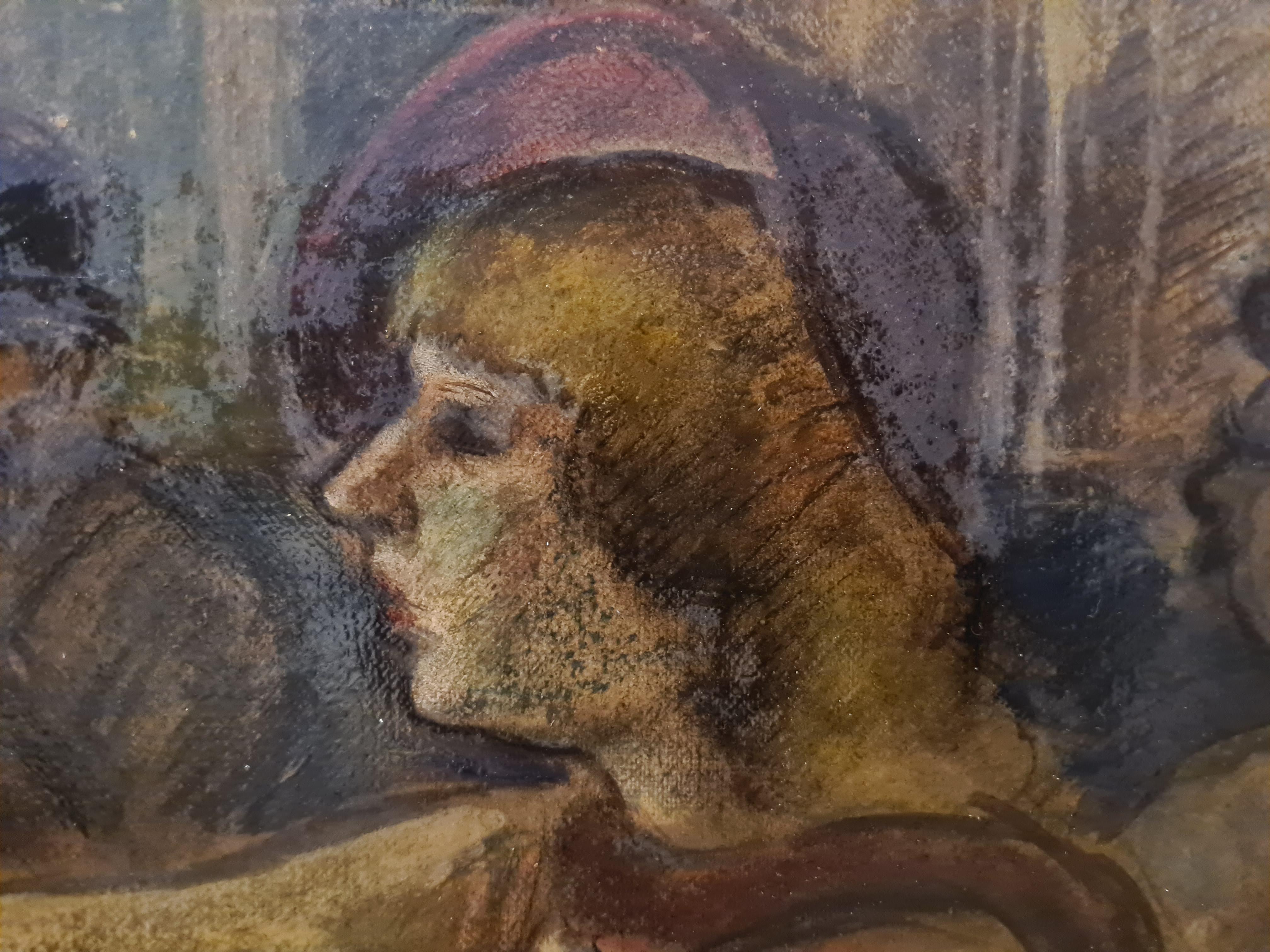 Escena de bar postimpresionista, Le Cafe du Commerce, Óleo sobre tabla - Painting de Simon Simon-Auguste
